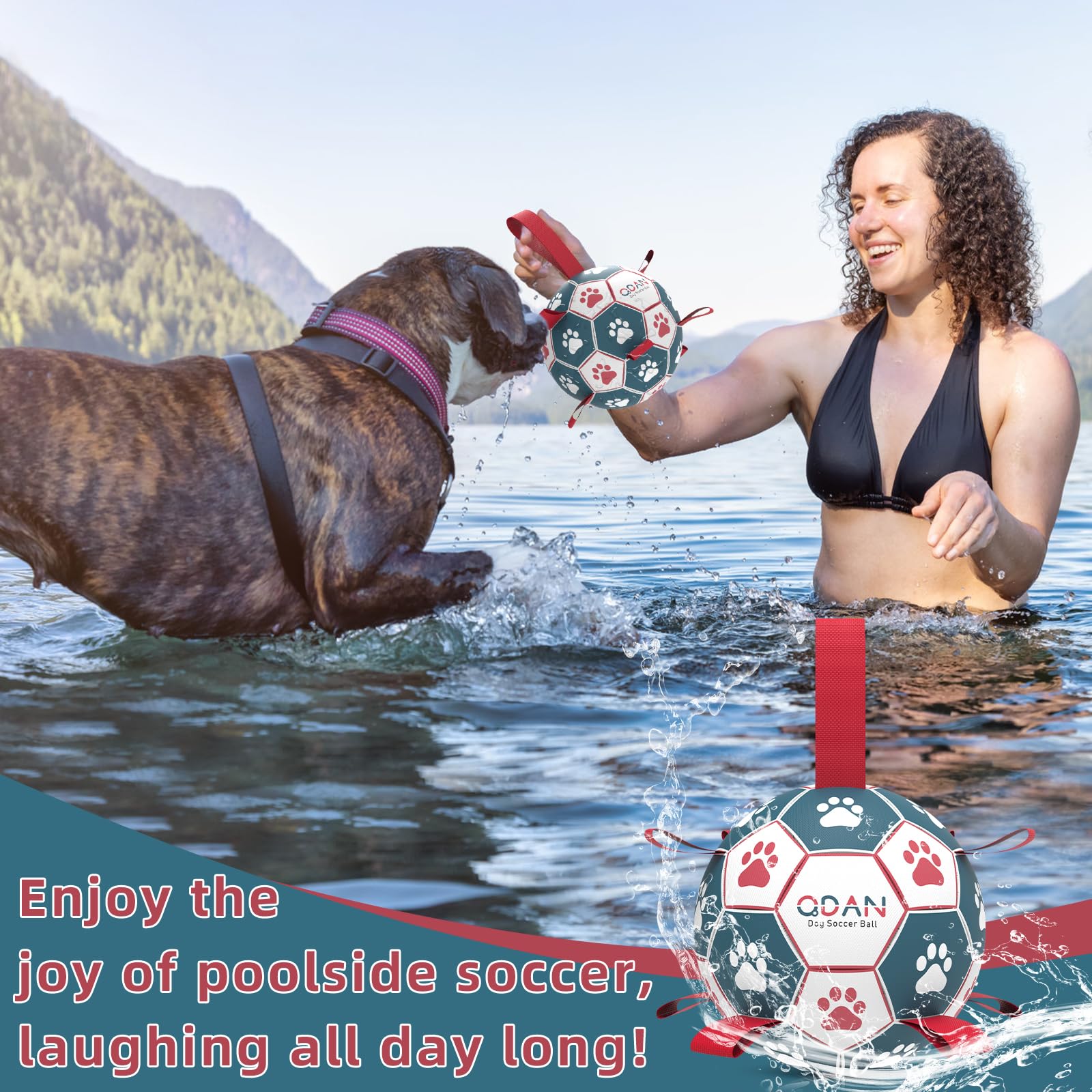 QDAN Soccer Ball Dog Toy, Durable PU Water Toy for Small Medium Dogs, Interactive Tug of War, Blue Red, 6 Inch