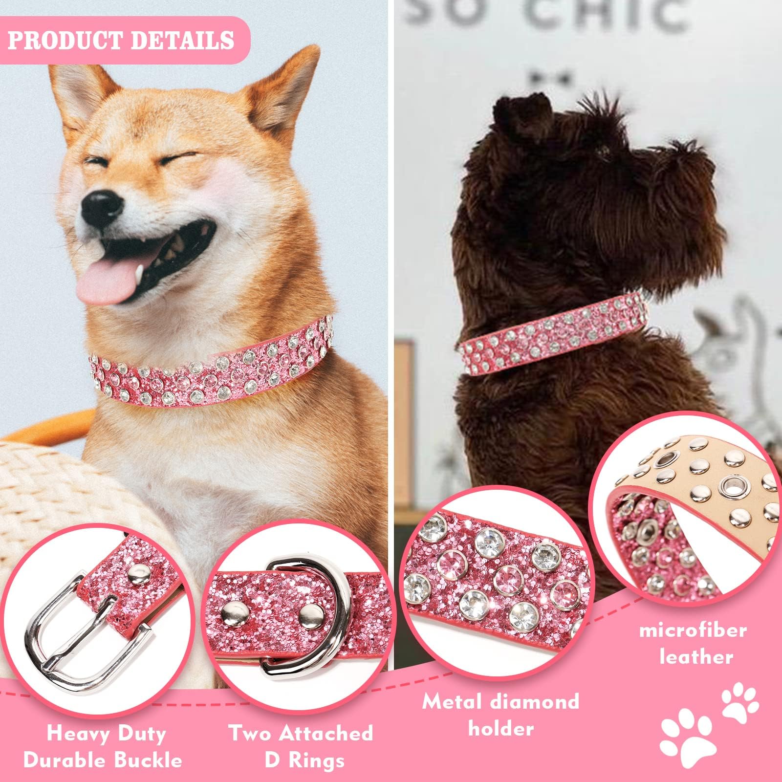 Octbersieg Rhinestone Dog Collar - Bling Collar For Small To Large Dogs - Pink Diamond Glitter Sparkle With Shining Rhinestones