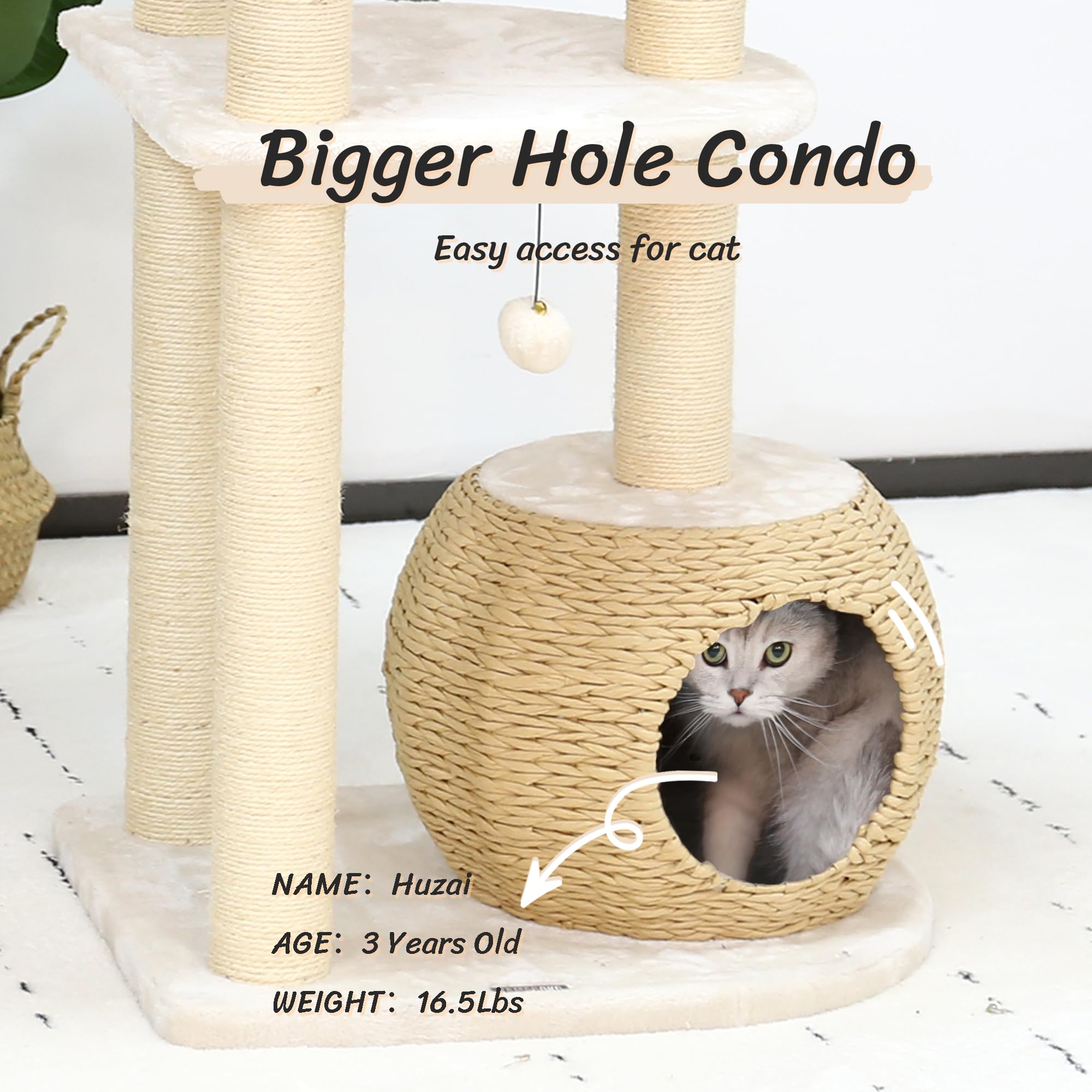 KAMABOKO 53" Modern Cat Tree with Natural Sisal Scratching Posts, Hand-Woven Condo & Top Perch for Indoor Cats - Model KM005