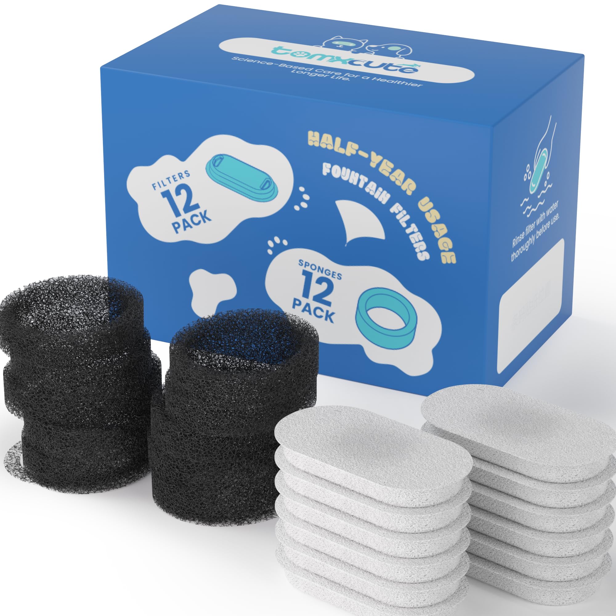 Official Tomxcute Cat Water Fountain Replacement Filters - 24 Pack Cat Fountain Filter for 3.2L/108oz & 4L/135oz Pet Water Fount