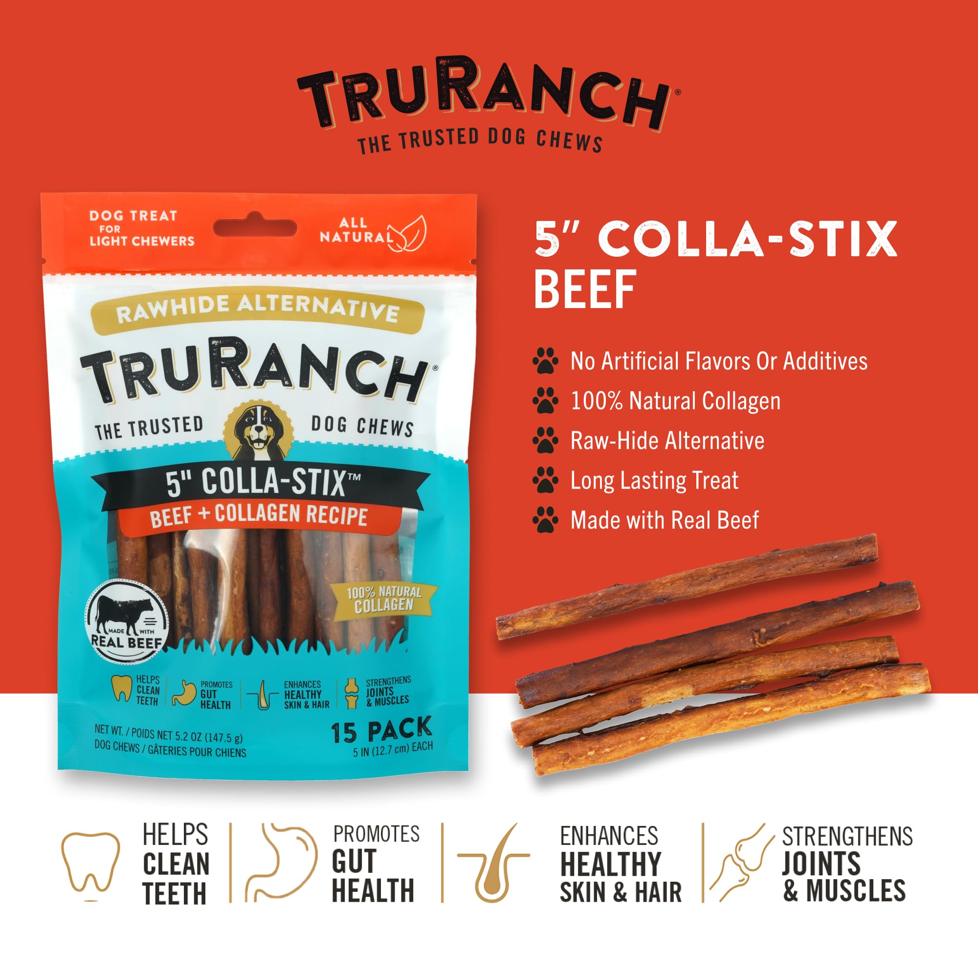TRURANCH Peanut Butter 5 Stick Dog Chews - 5 Pack | 100% All Natural, Long Lasting & Rawhide Free Dog Chews - Premium Dog Treats