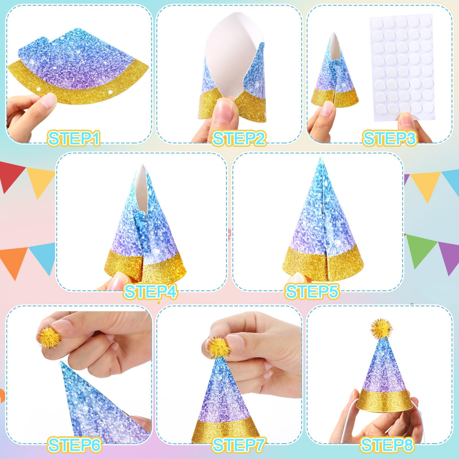 Sonwyoung 40 Pcs Mini Party Hats With Pompoms, Glitter Stuffed Animals Birthday Party Cone Hat For Stuffed Animals Pets Party