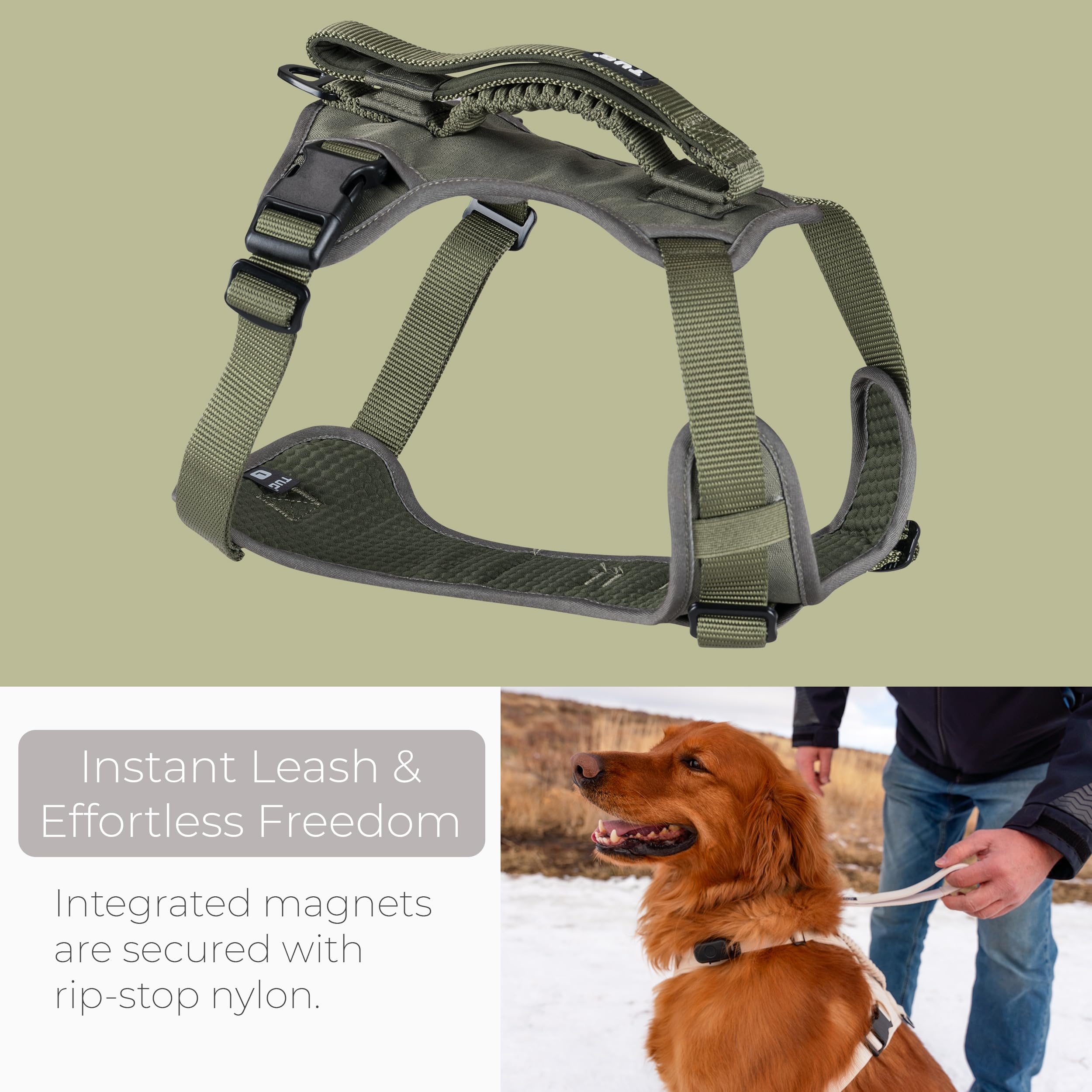 TUG Grab Dog Harness - Large Green Nylon with Integrated Traffic Leash, Model GRAB-H-LG