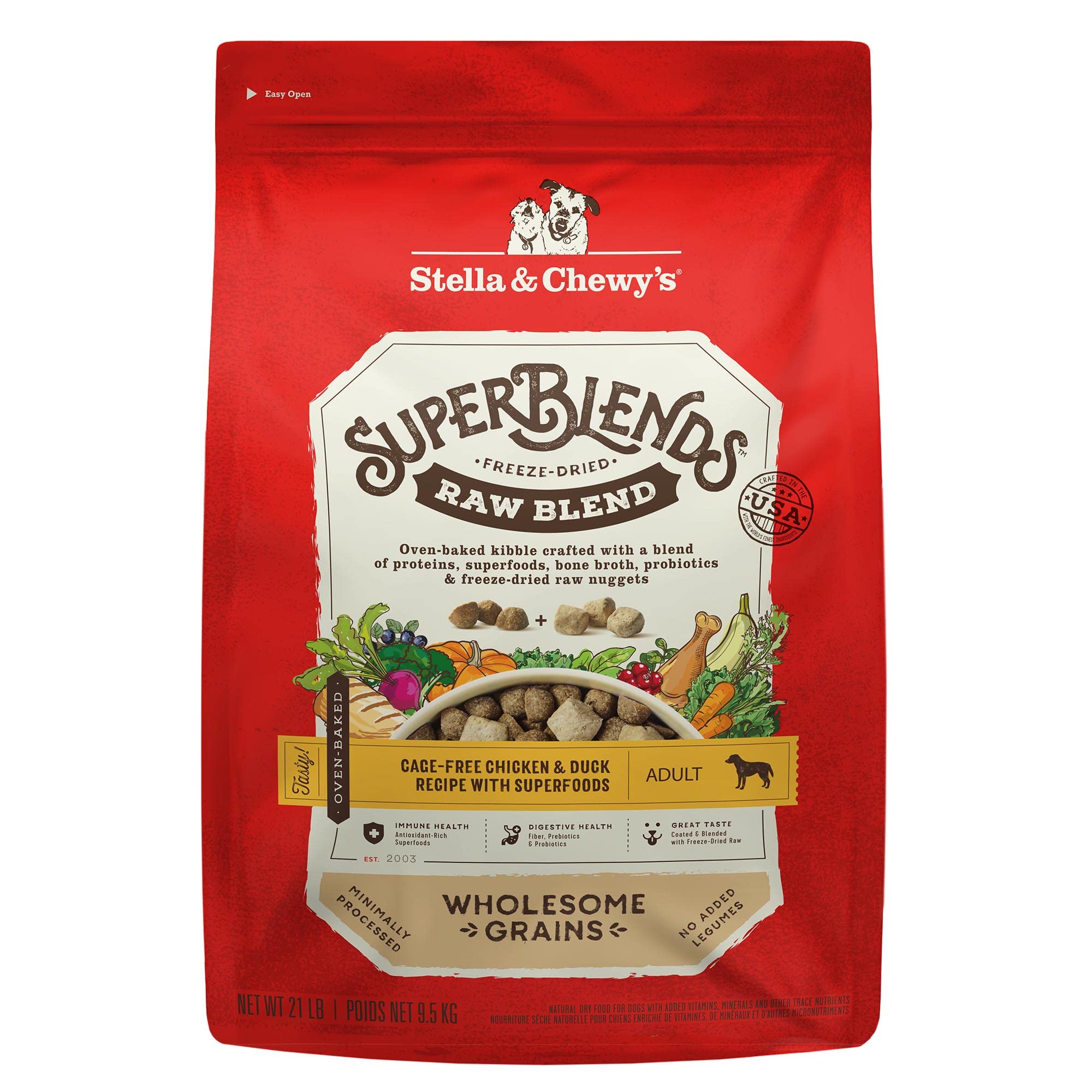Stella & Chewys SuperBlends Raw Blend Wholesome Grains Cage-Free Chicken & Duck Recipe with Superfoods, 21 lb. Bag