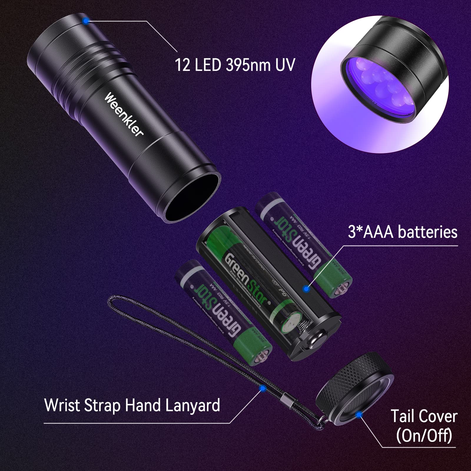 Kizplays Uv Flashlights, 2 Pack Black Light Flashlights With 12 Led And 395 Nm Black Light For Pet Urine And House Stains Detecting, 6 Aaa Batteries Included