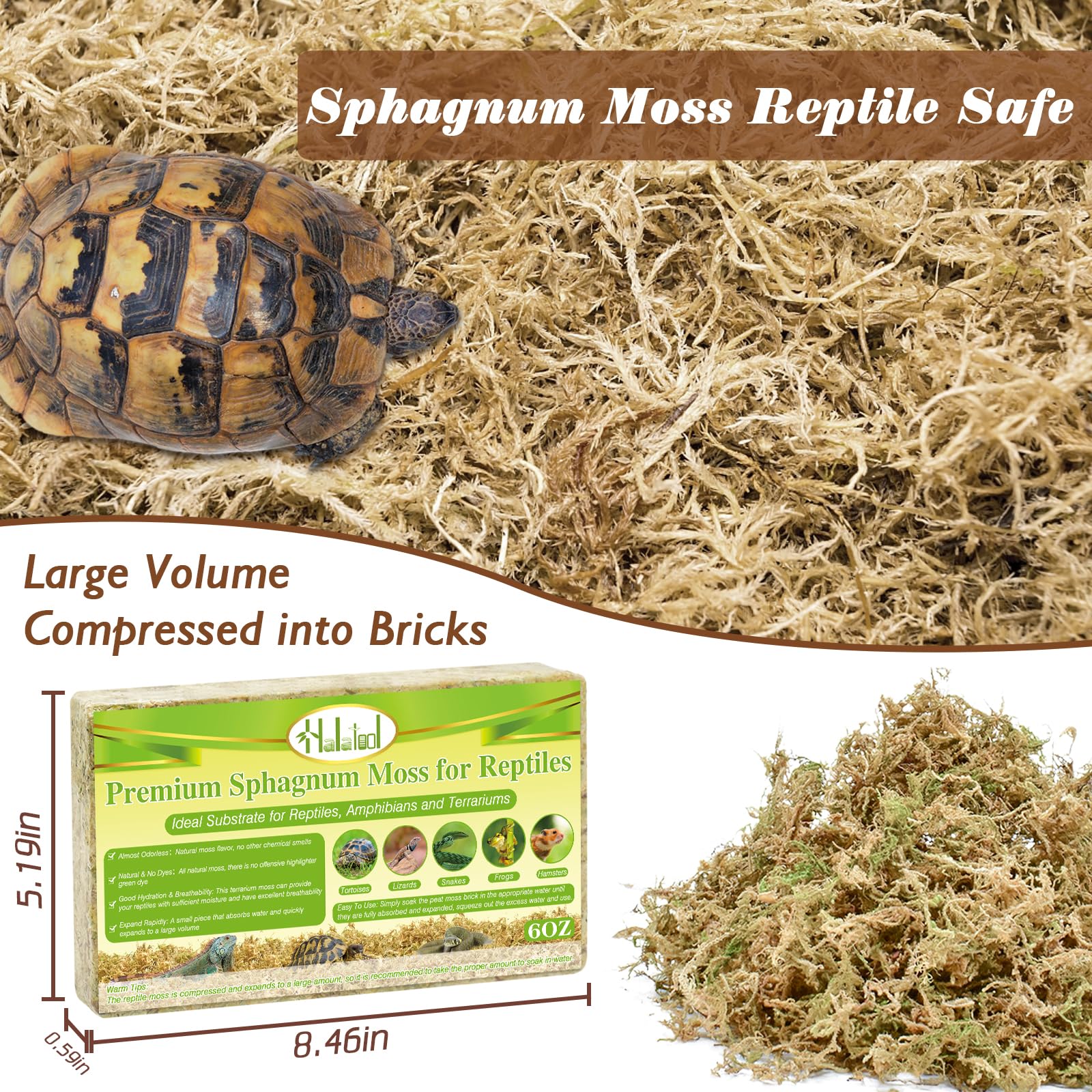 Halatool 6Oz Natural Sphagnum Moss Substrate For Reptiles - Terrarium Bedding With 72H Moisture Retention, Safe For Bearded Drag