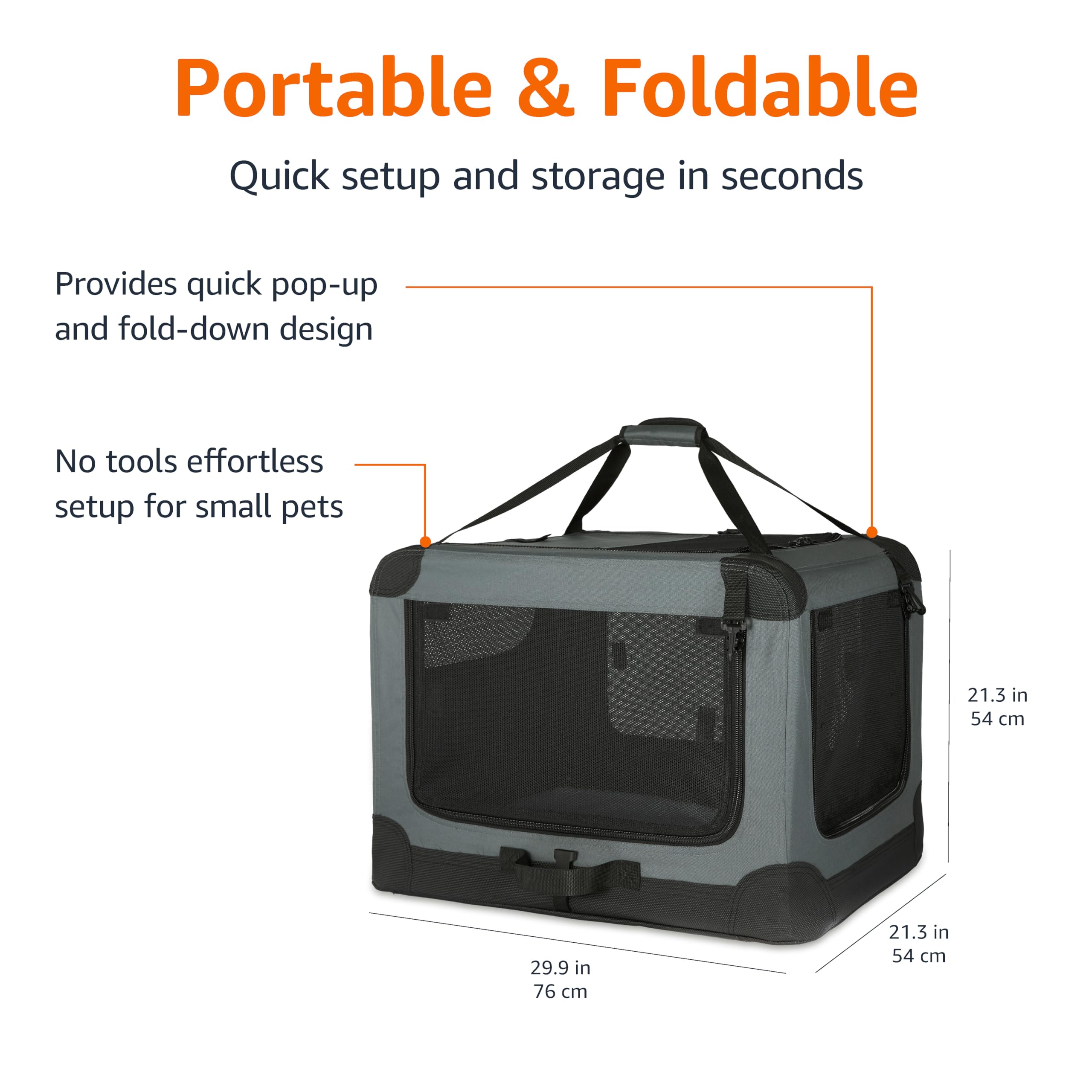 Amazon Basics 4-Doors Portable Soft-Sided Folding Travel Crate Kennel For Cat, Dog, And Other Small Animals, Grey, M 30'' X 21''