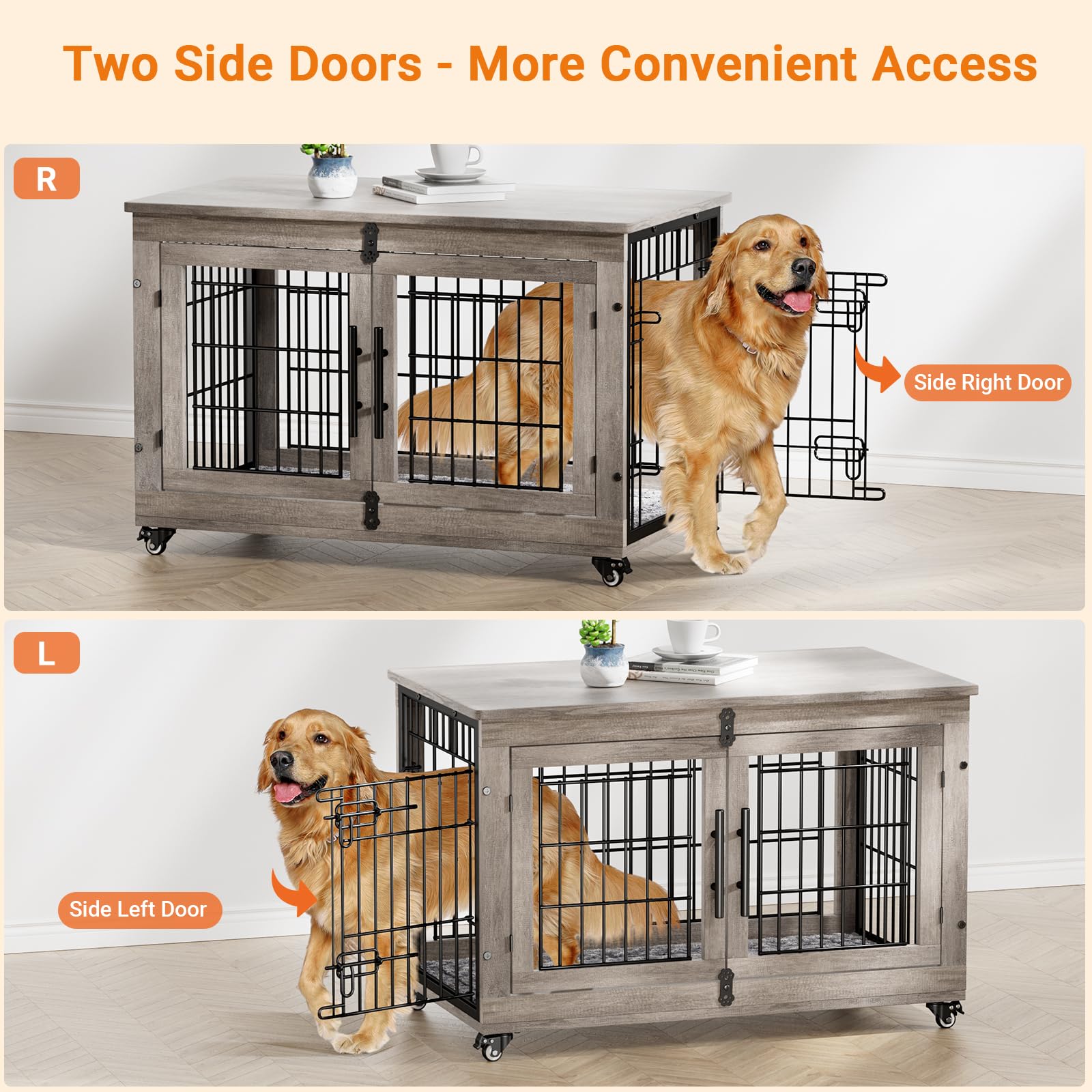 Lulive Dog Crate Furniture Set of 2, Dog Kennel Indoor Double Doors Wooden Dog Cage, 38   Heavy Duty Dog Crate with Cushion &