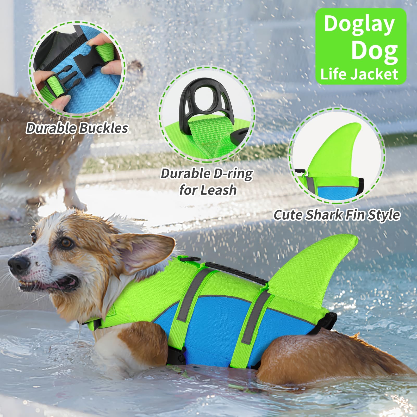 Doglay Dog Life Jacket, Ripstop Cute Shark Dog Life Vest With Superior Buoyancy And Rescue Handle, Adjustable Pet Life Vests For