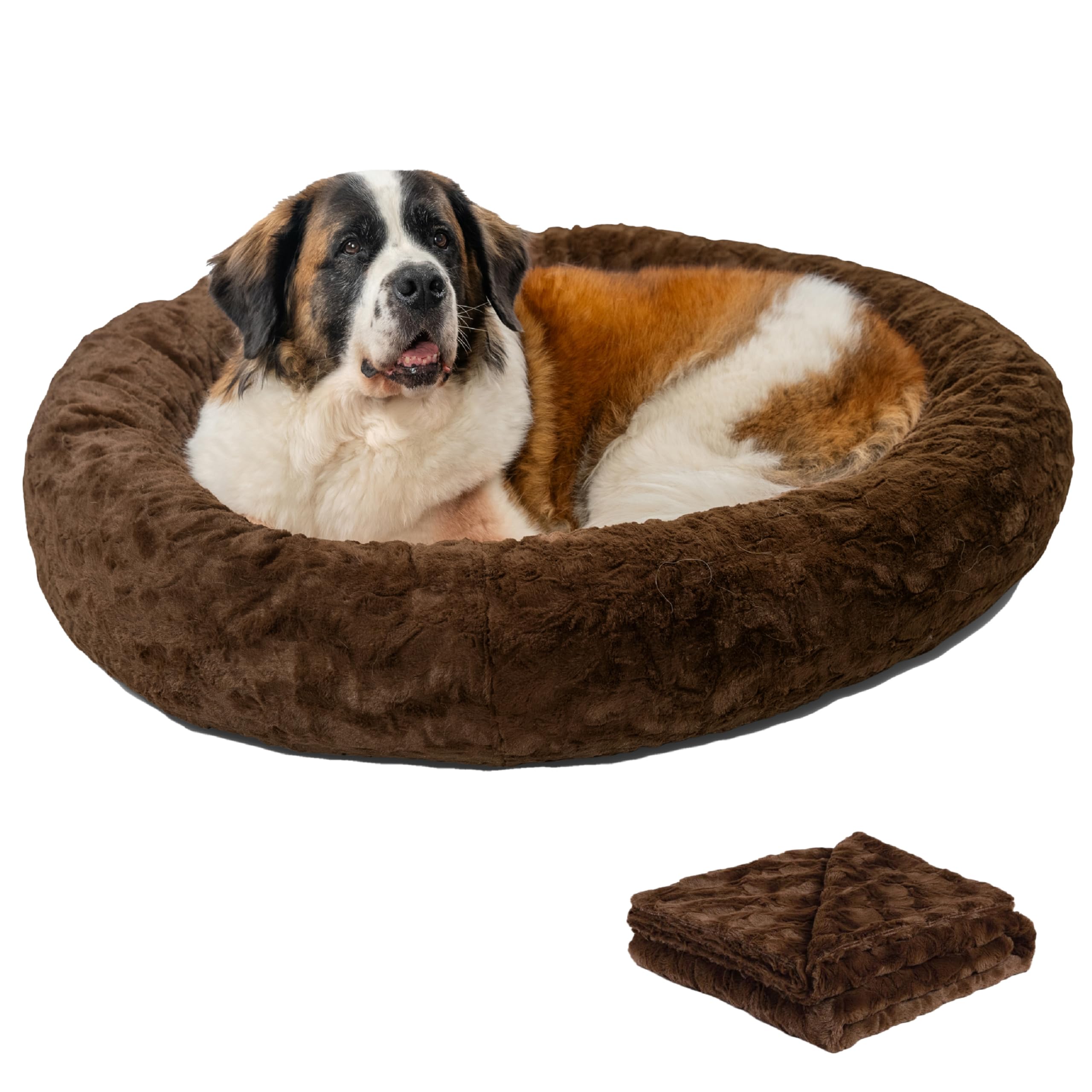 Best Friends by Sheri Bundle Set The Original Calming Lux Donut Cuddler Cat and Dog Bed + Pet Throw Blanket Dark Chocolate Extra