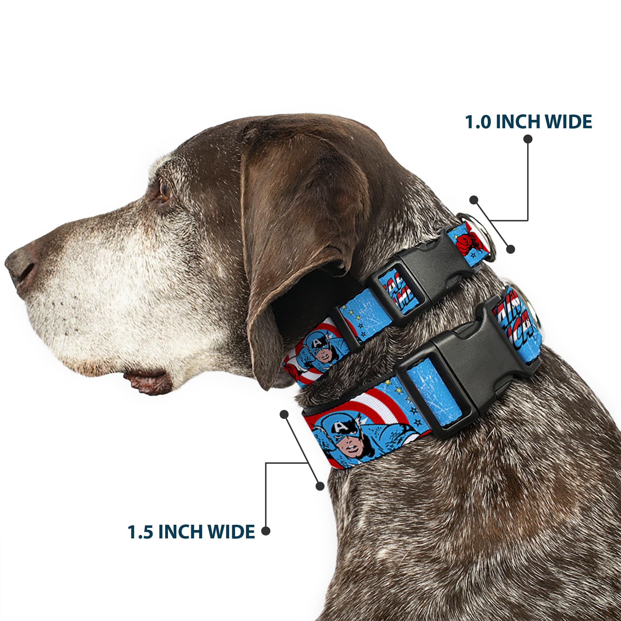 Dog Collar Plastic Clip Captain America Action Pose Weathered Blue 9 To 15 Inches 0.5 Inch Wide