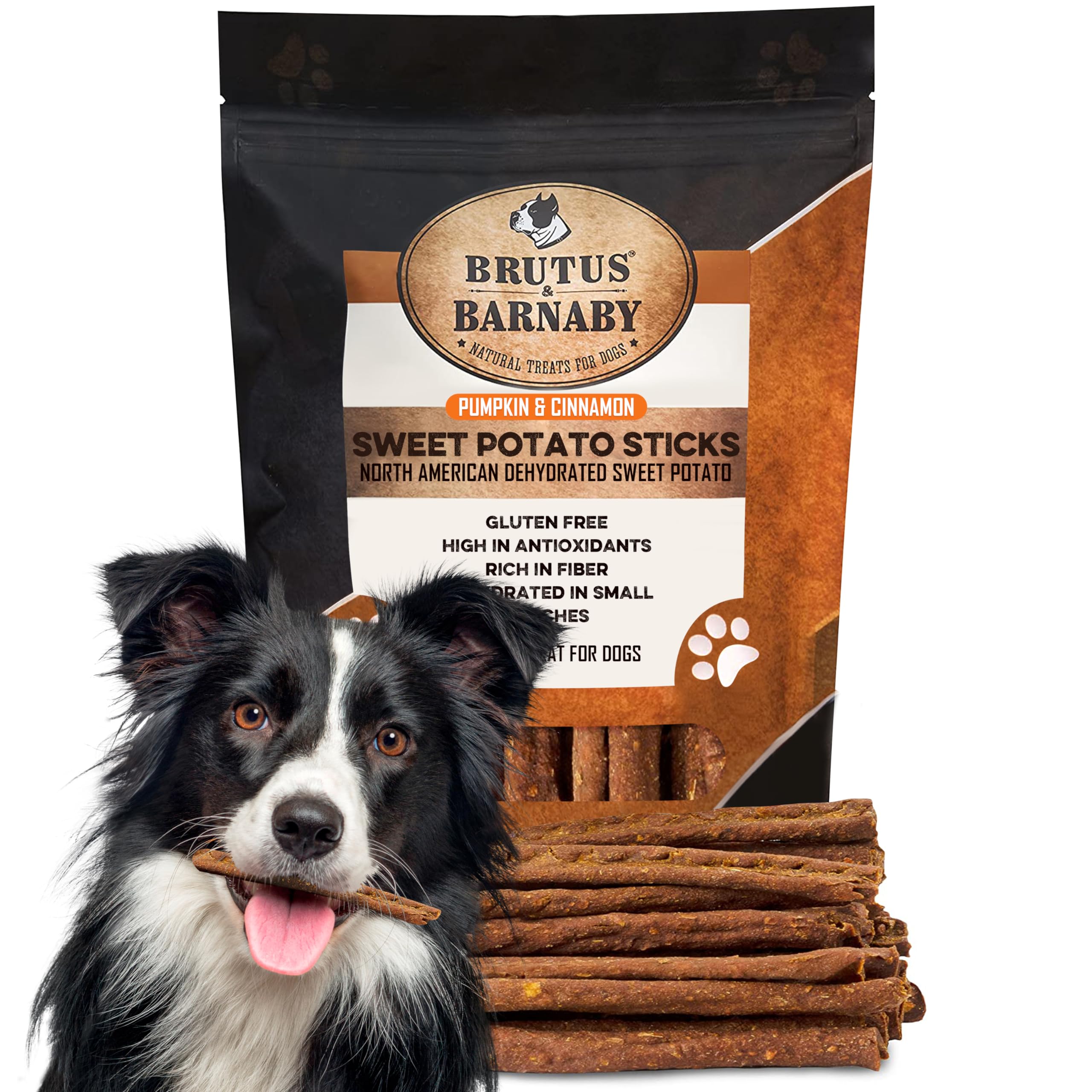 BRUTUS & BARNABY USA Sweet Potato Dog Treats - Grain Free, Cinnamon Pumpkin Crunchy Sticks are Great Tasting, Promotes Positive 