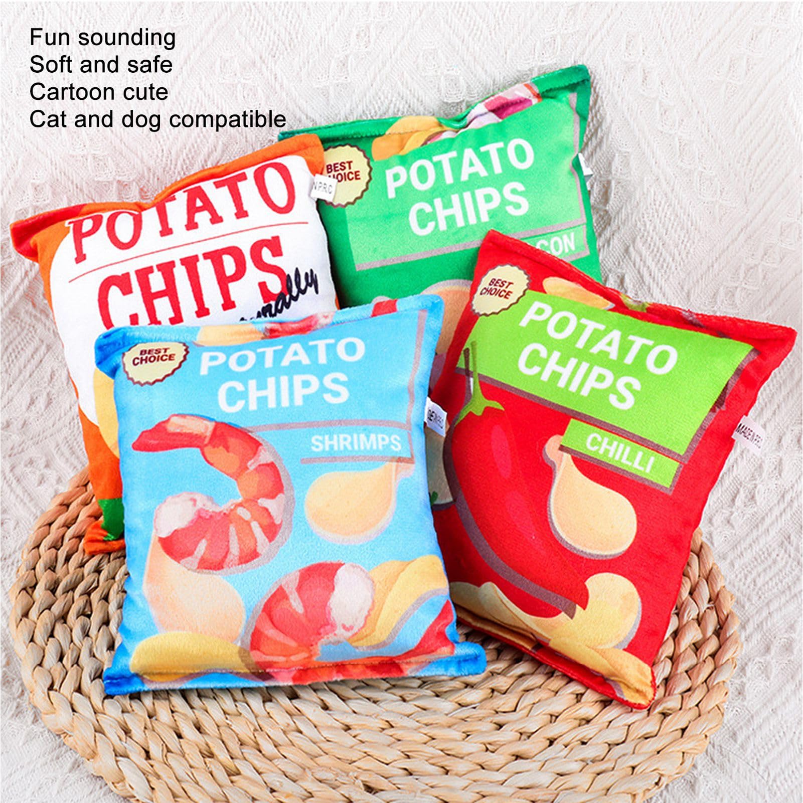 Potato Chips Plush Dog Toy, Interactive Dog Puzzle Toys Bite Resistant Built in Rattling Paper Plush Squeaky Dog Toy, Potato Chi