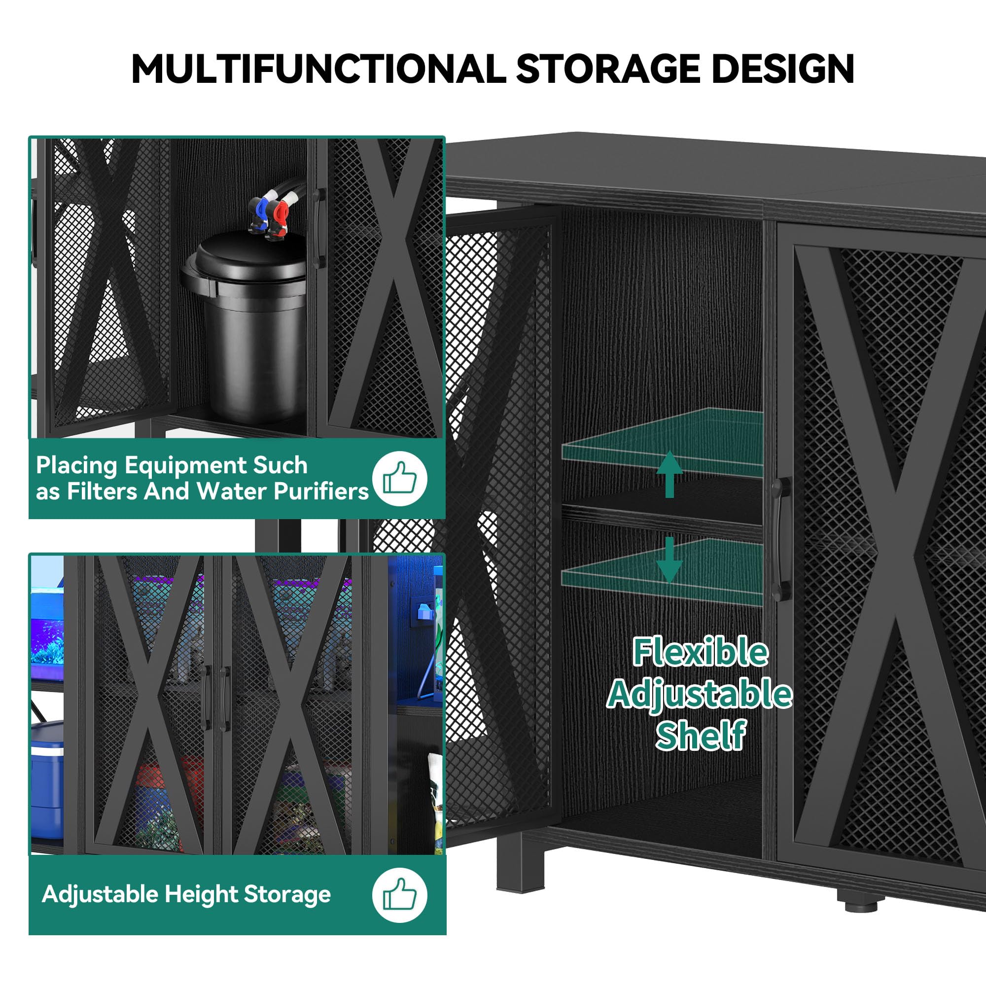 YITAHOME 90-120 Gallon Reptile Tank Stand with Power Outlet & LED Light, Heavy Duty Aquarium Stand w Accessories Storage Cabinet
