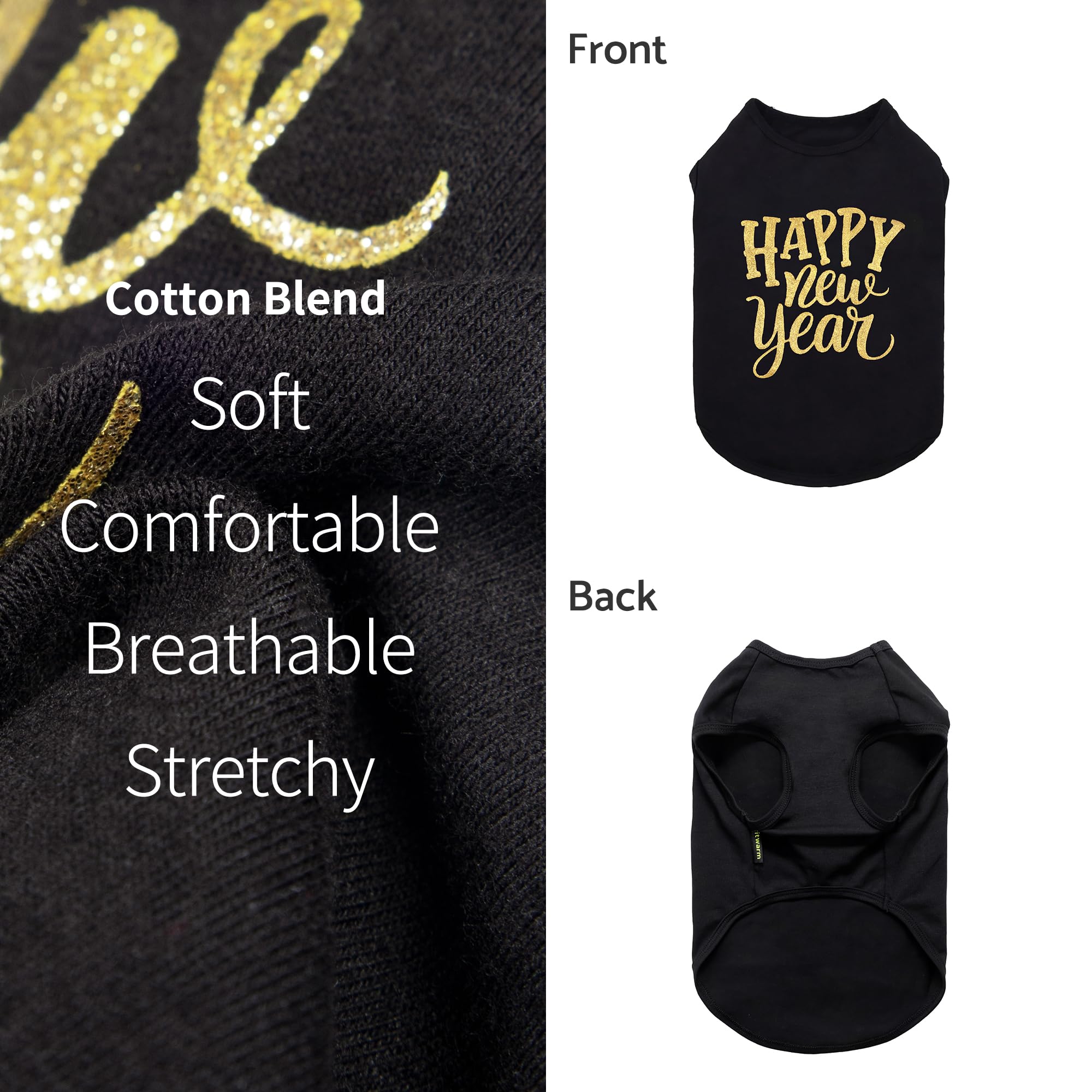Fitwarm Happy New Year Dog Shirt, Holiday Dog Clothes For Small Dogs Boy Girl, Funny Pet Christmas Outfit, Black, Gold, Medium