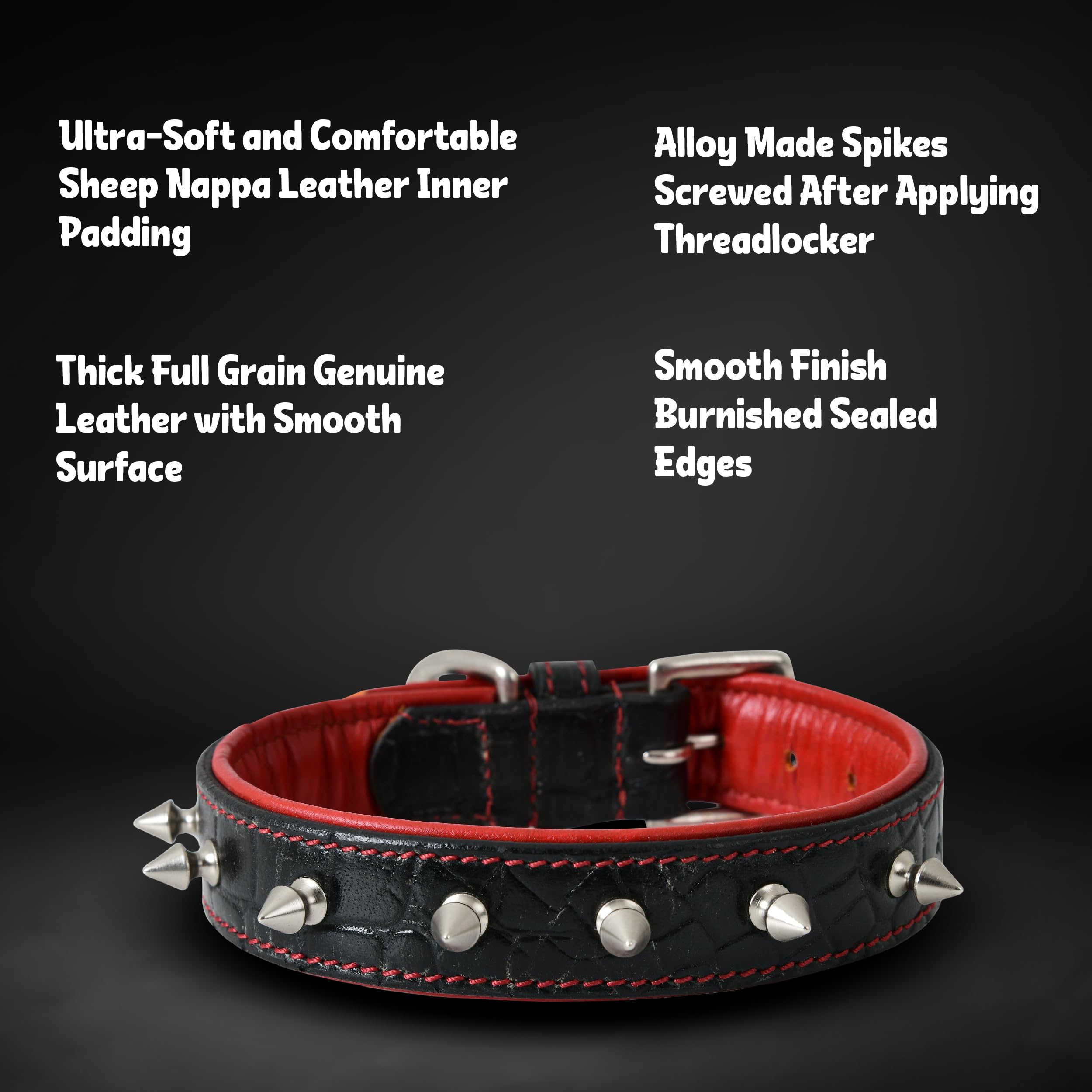 Dowgclub Spiked Leather Dog Collar - 1 Inch Wide Full Grain Bridle Leather, Crocodile Pattern, Heavy Duty Padded Design - For Sm