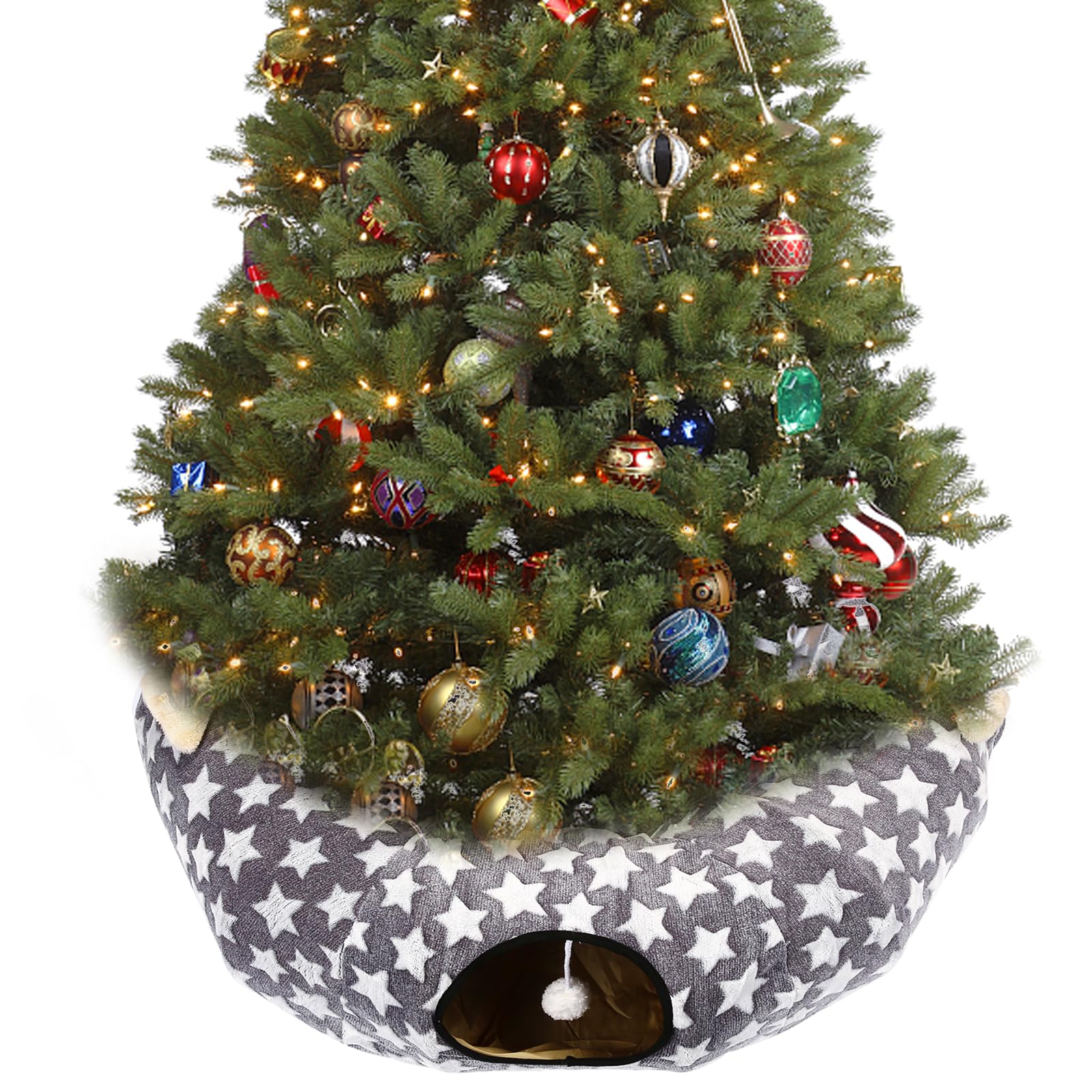 Luckitty Large Cat Tunnel Bed With Plush Cover,Fluffy Toy Balls, Small Cushion And Flexible Design- 10 Inch Diameter, 3 Ft Length- Great For Cats, And Small Dogs, Gray Star Pattern