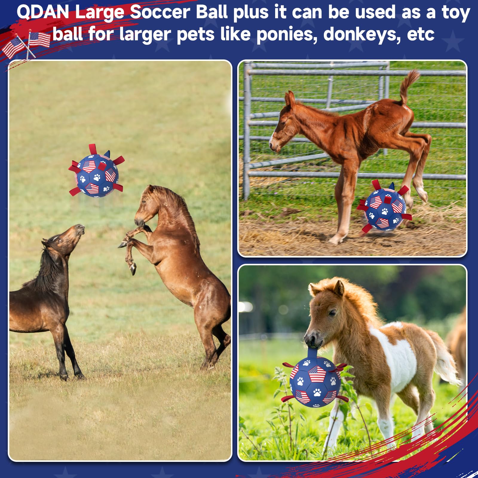 Qdan Dog Toys Soccer Ball With Straps - Durable Dog Balls For Extra Large Dogs, Beach Pool Dog Water Toy, Puppy Dog Birthday Gifts, Herding Balls For Dog (9 Inch), American Flag