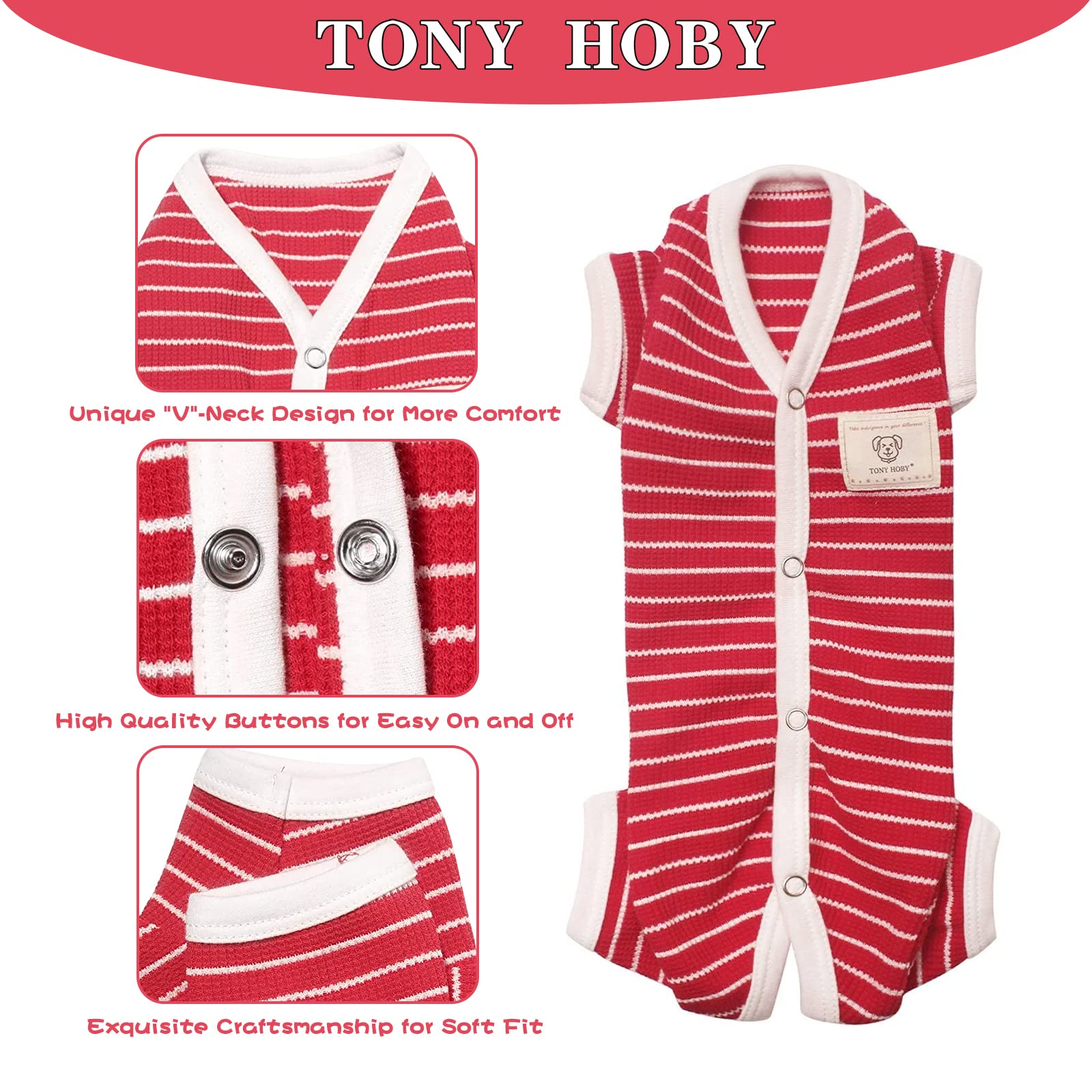 Tony Hoby Dog Pajamas 4 Legged Pet Clothes, Dog Onesies With Waffle Stripes, Dog Jumpsuit Pajamas For Medium Small Dog (Red, Girl, M)