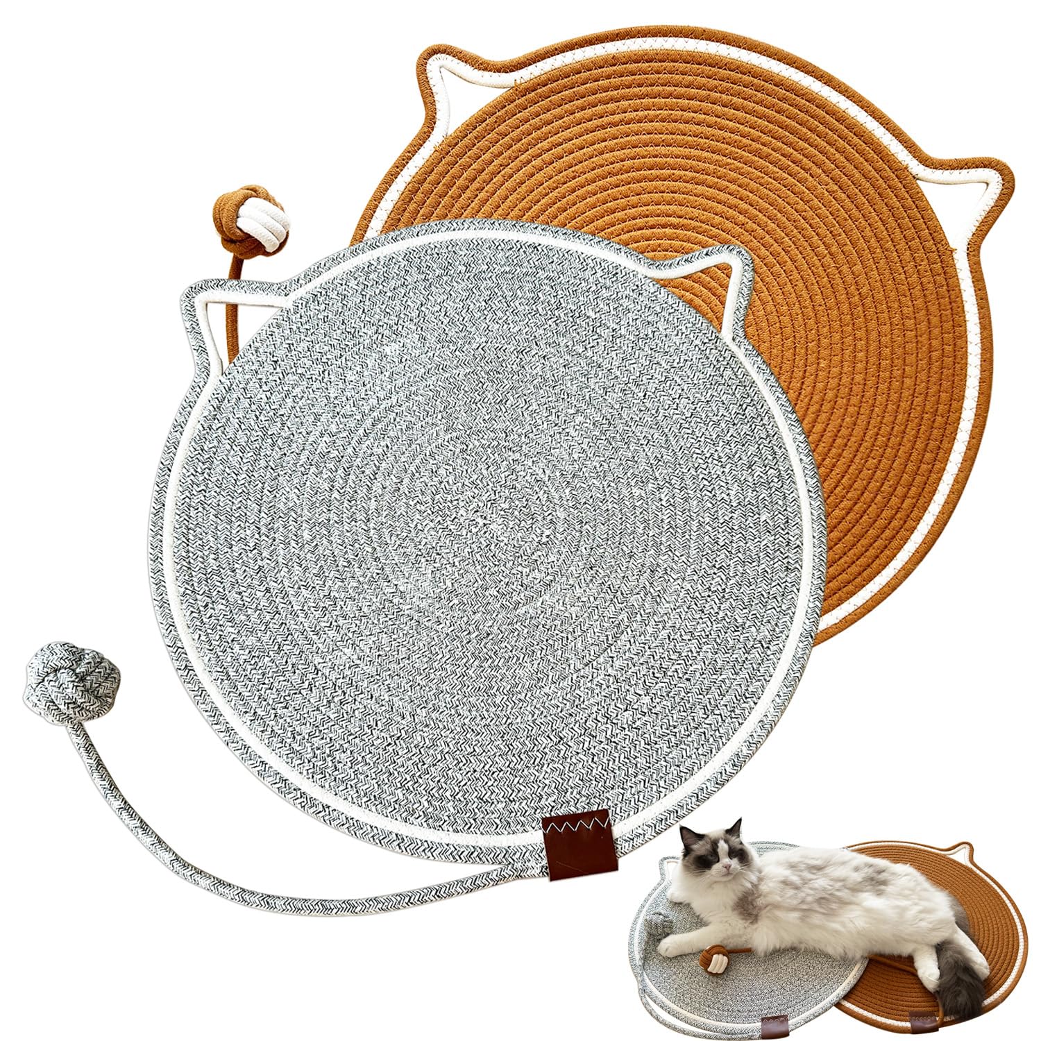 Covecozy Cat Scratching Mat Natural Cotton Rope Cat Scratching Pad, Large Size Scratcher Pad With Toy (2 Packs 19.6') (Grey + B