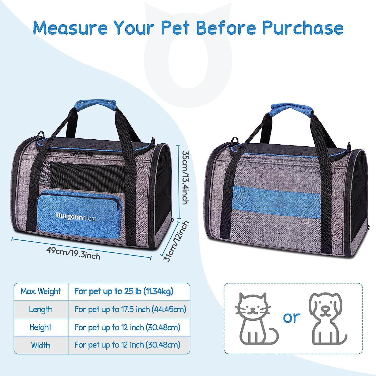 BurgeonNest Cat Carrier for Large Cats 20 lbs, Soft-Sided Pet Carrier for Small Dogs Medium Puppy Under 25 lbs, Puppy Travel Bag