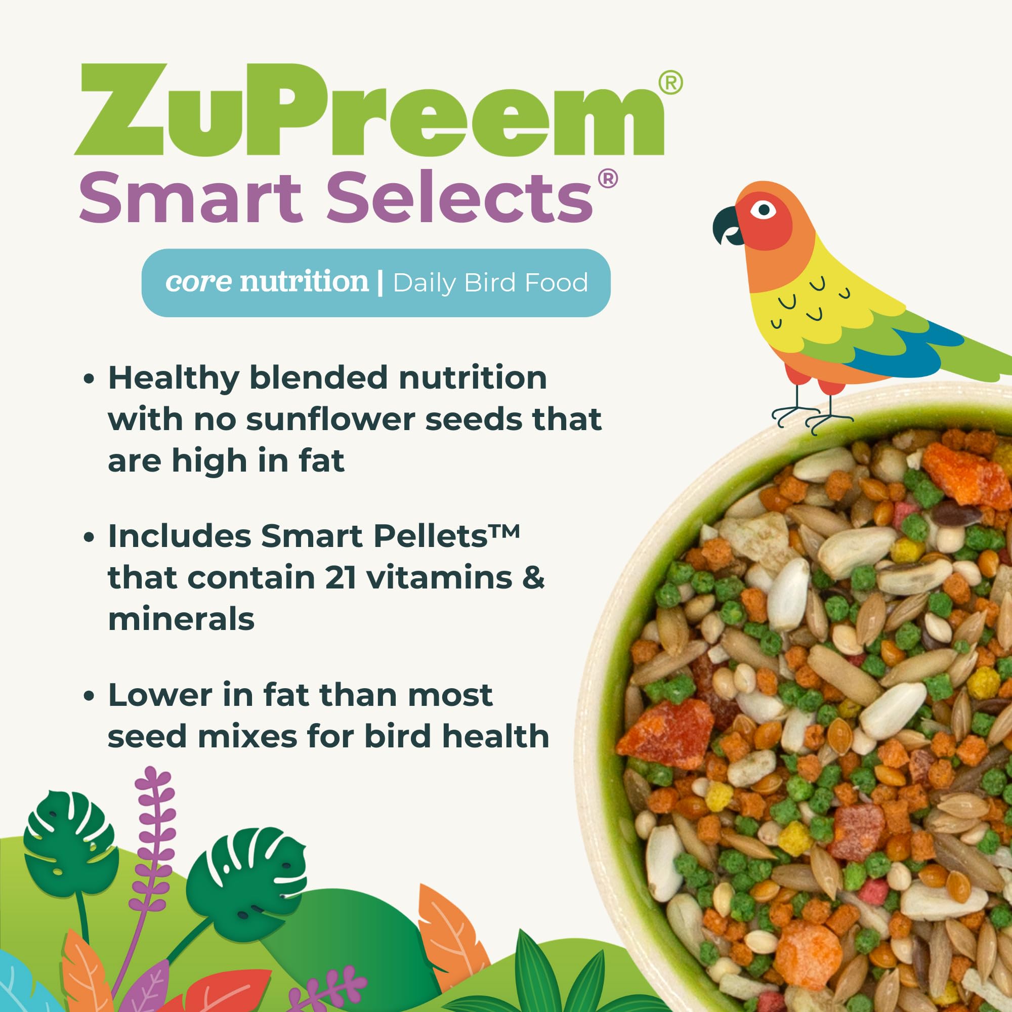 ZuPreem Smart Selects Daily Bird Food, Large 4 lb Pellets & Seed Blend for Amazon, Cockatoo, Macaw - Core Nutrition Made in USA