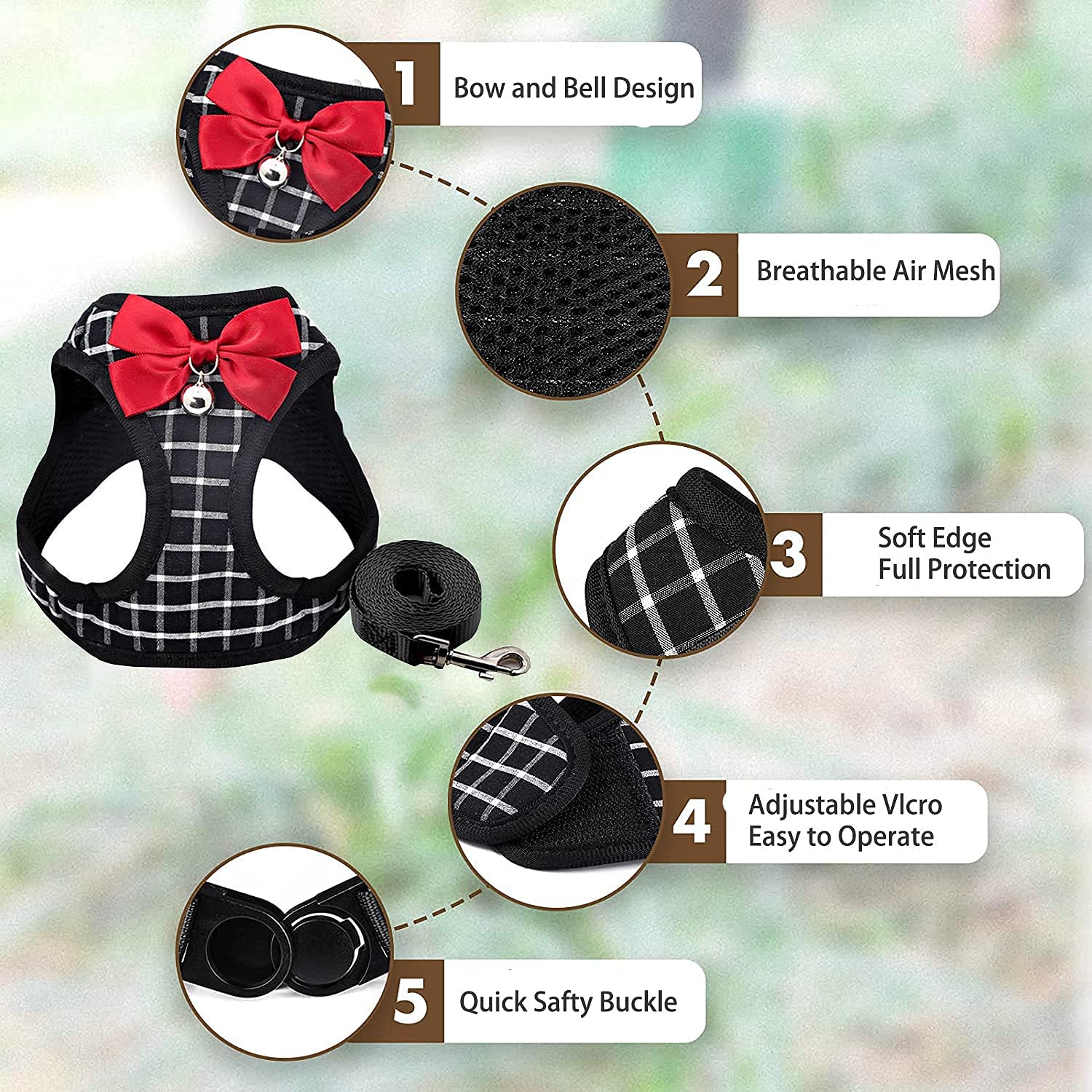 BLUWTE Cat Harness and Leash Set - Escape Proof, Breathable Mesh Vest Harness for Puppy, Cat, Rabbit (Black, L)