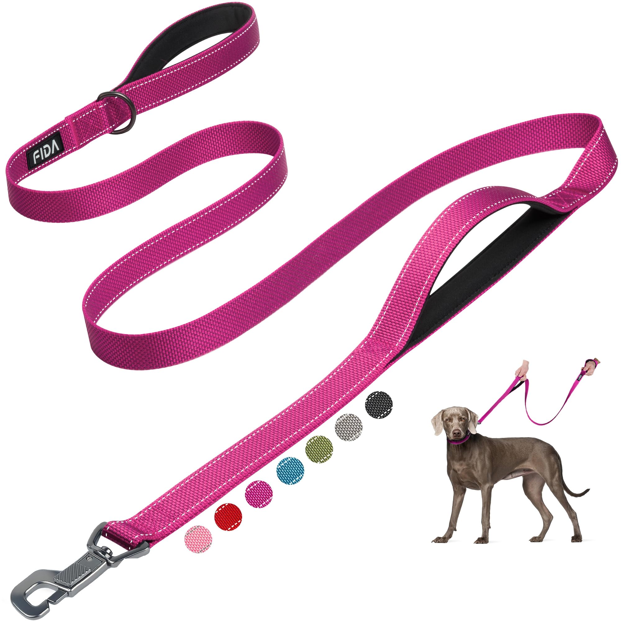 Fida 6 Ft Heavy Duty Dog Leash With 2 Comfortable Padded Handles, Traffic Handle & Advanced Easy Snap Hook, Reflective Walking Lead For Large, Medium & Small Breed Dogs, Rose