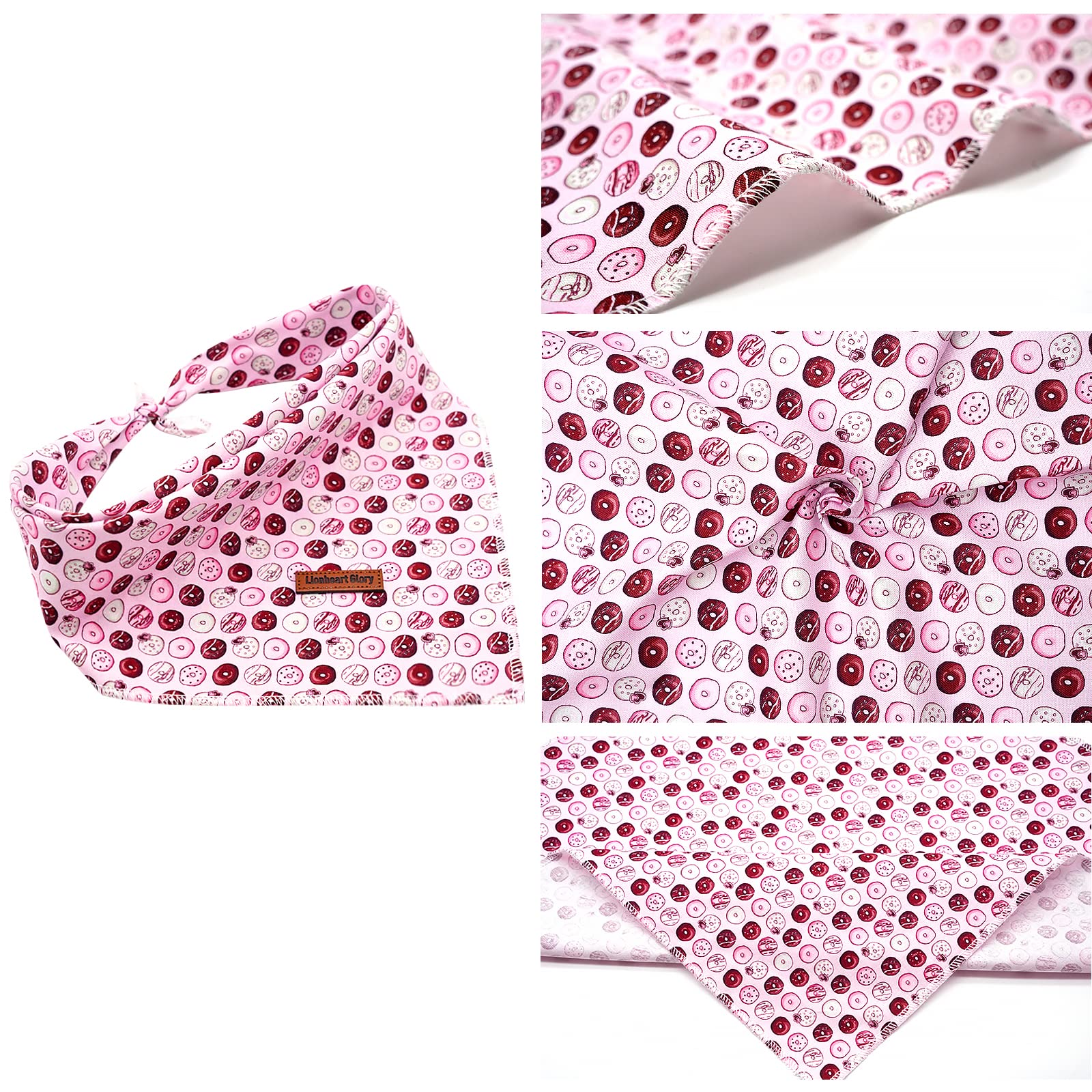 Lionheart Glory Pink Doughnuts Dog Bandana 1 Pack Washable Soft Dog Scarf, Square Adjustable Dog Bandanas For Small Dogs