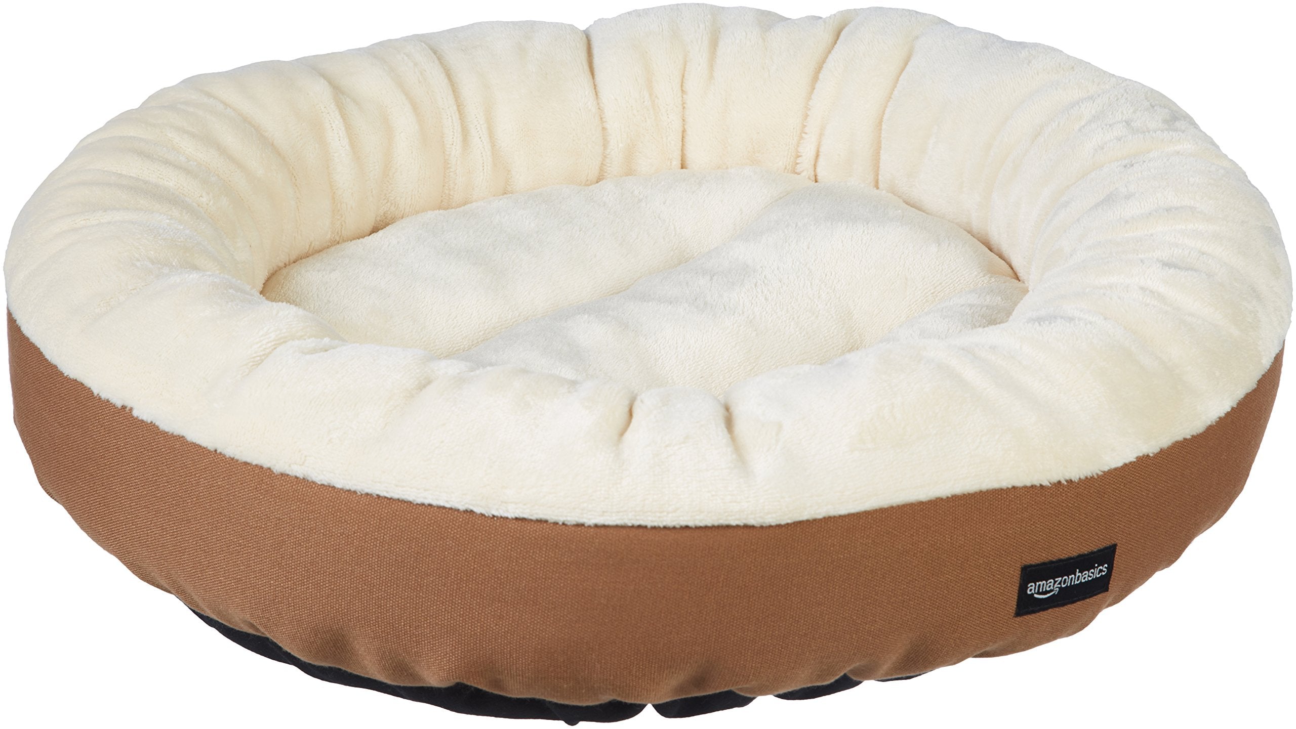 Amazon Basics Round Bolster Pet Bed for Dog or Cat with Flannel Top, 20.0 L x 20.0 W x 8.0 Th, Brown and Ivory
