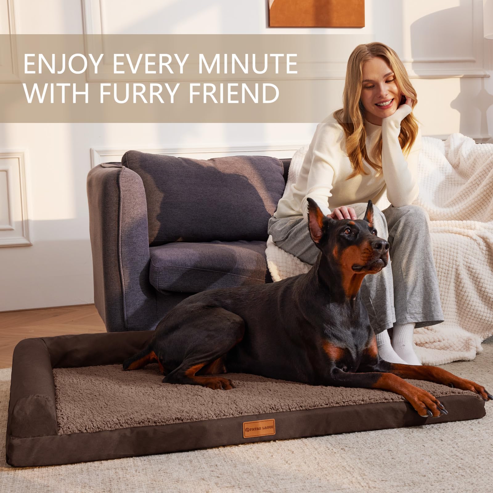 Patas Lague XL Orthopedic Dog Bed 42''x28'', Waterproof, Soft Brown Sofa with Washable Cover
