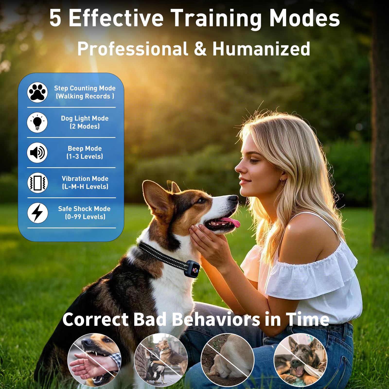 Dog Shock Collar with Remote Control - 3300FT Dog Training Collar with 5 Modes Step Counting & Light & Beep & Vibration & Shock,