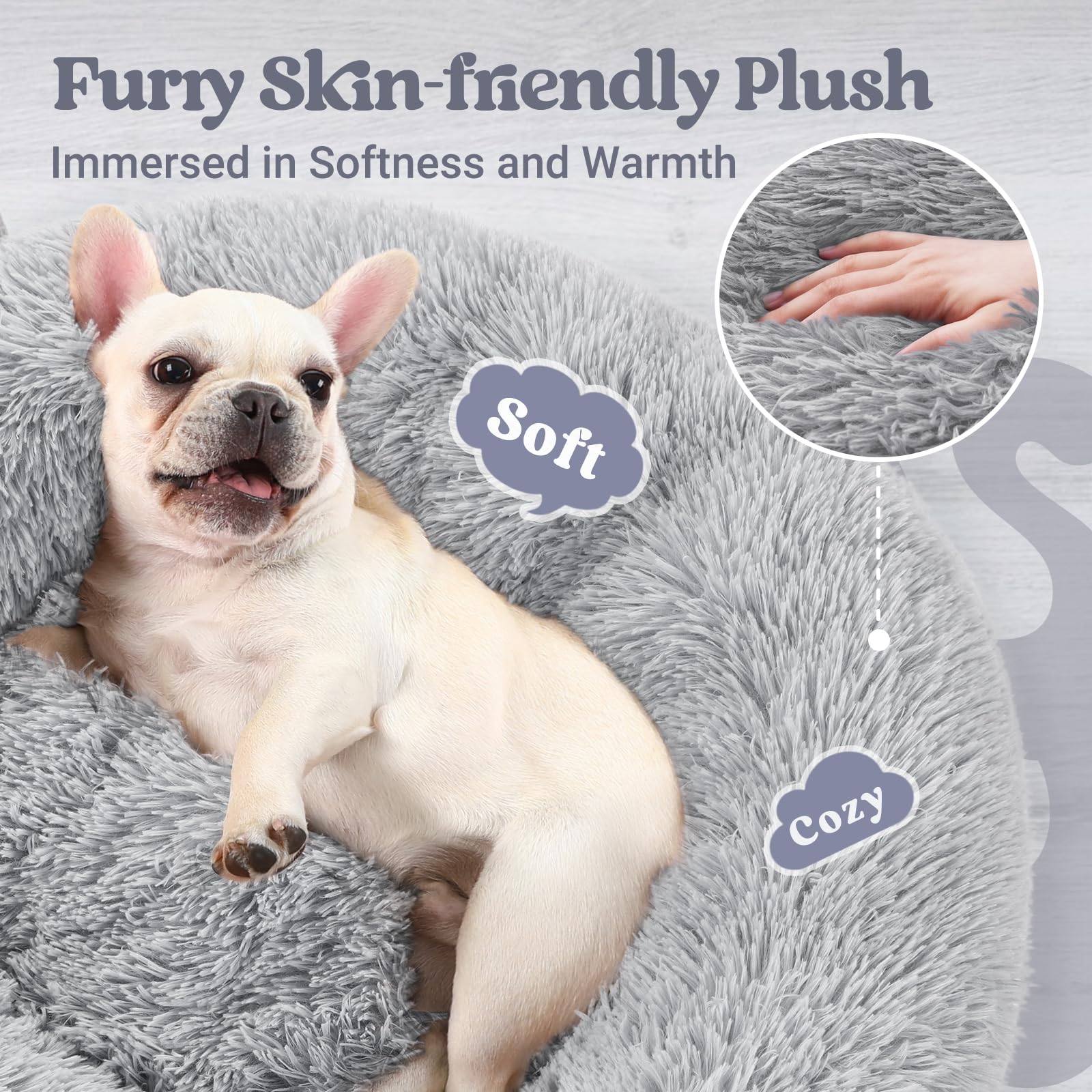 Rabbitgoo Dog Bed For Small, 24 Inches Machine Washable, Fluffy Donut Pet Bed Anti-Slip, Calming Soft Plush Round Cushion, Fits Up To 18 Lbs Pets, Light Grey
