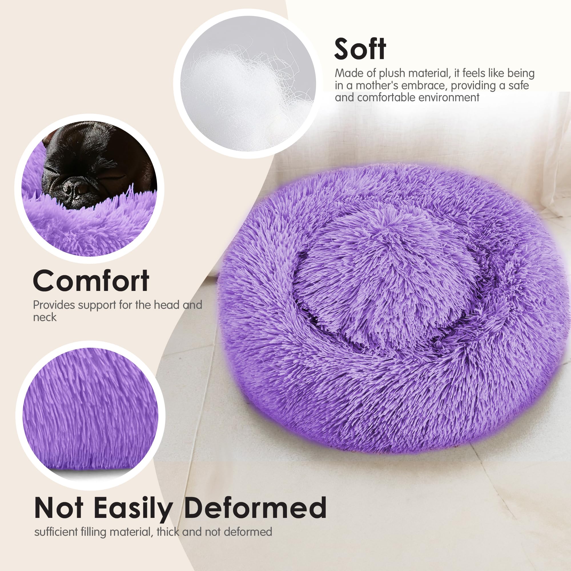 Dogs Bed for Small Dogs, Anti-Anxiety Washable Round Bed (Purple, 24.0 L x 24.0 W x 8.0 Th)