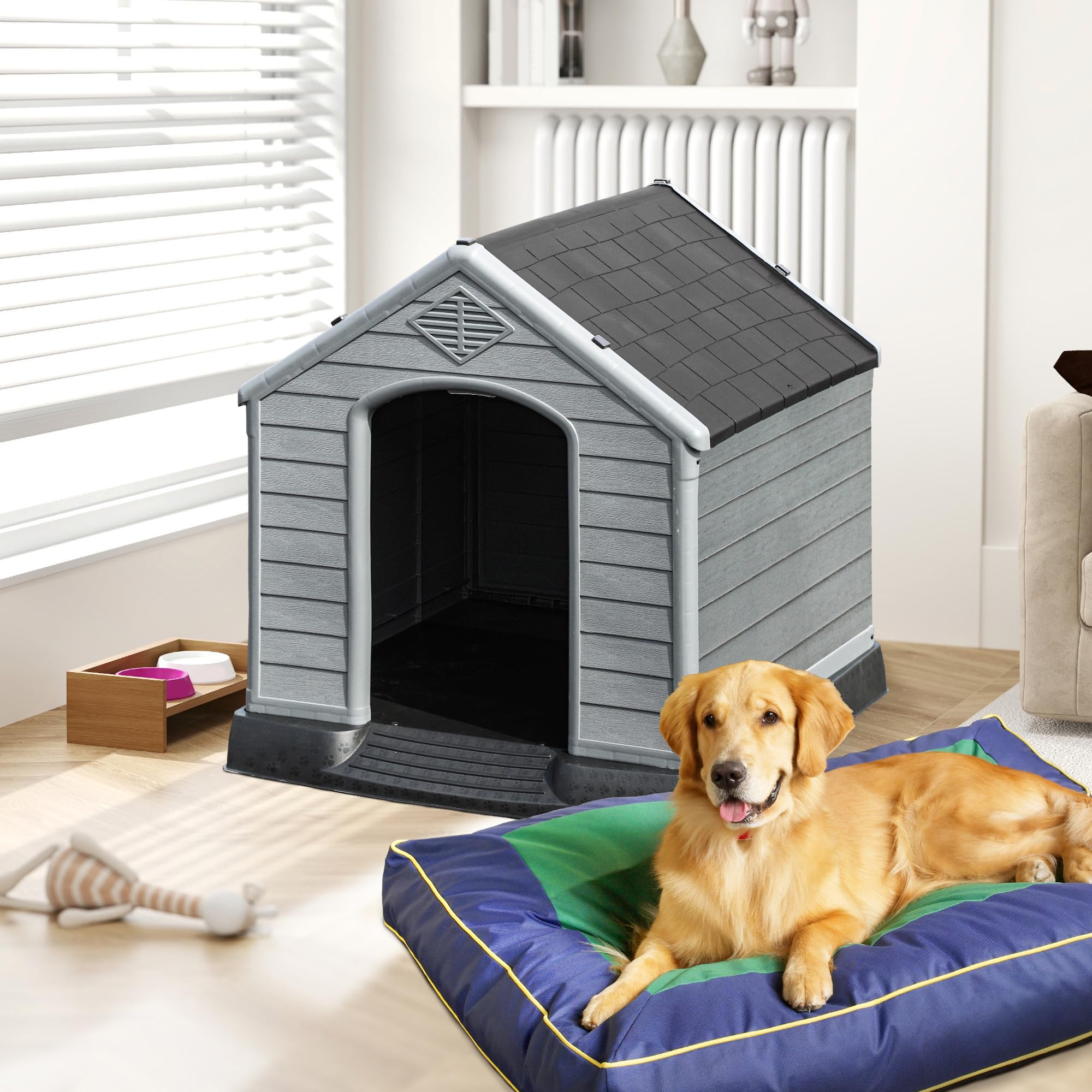 DWVO Spacious Plastic Dog Shelter, Weatherproof Outdoor/Indoor Doghouse, Puppy Kennel with Air Vents and Elevated Floor, 41.3L