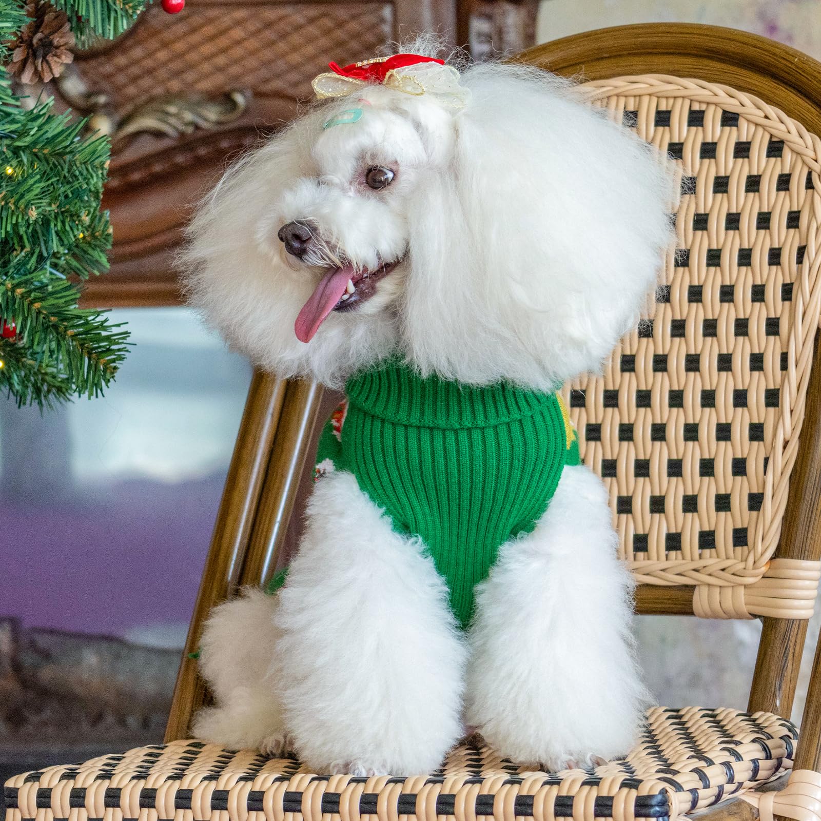 Cutebone Christmas Green Dog Sweater For Medium Large Dogs Tree Knit Puppy Sweater Turtleneck Pet Winter Clothes Cat Apparel Wit
