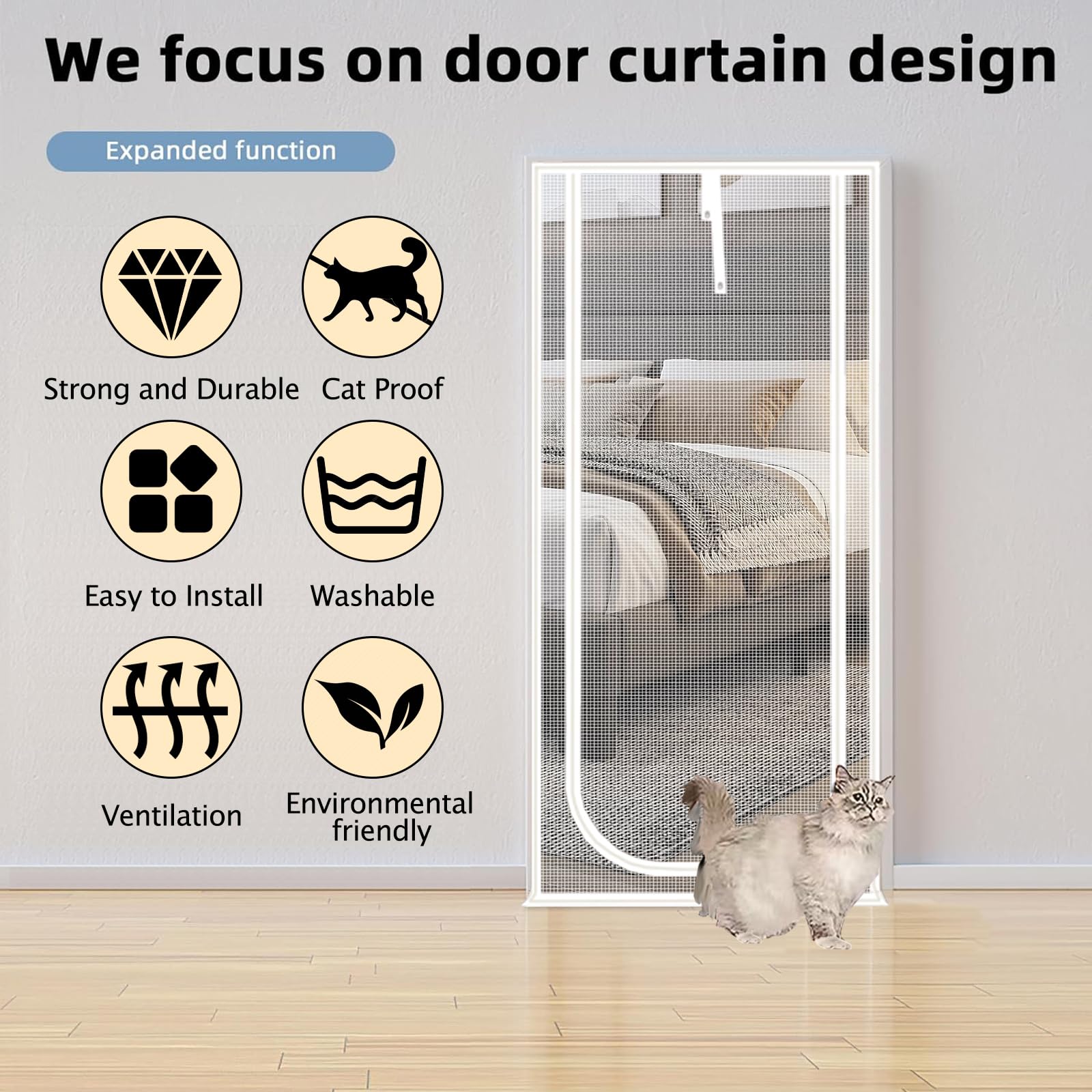 QWR Cat Screen Door - Reinforced Mesh, Zipper Closure, Fits Doors Up to 34''x81'', White, Model QWR-3321