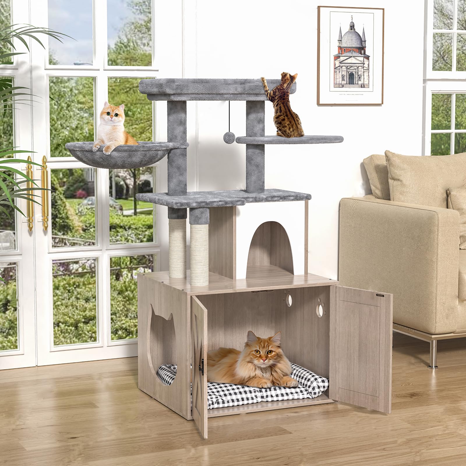 Havenlyyouth Litter Box Enclosure With Cat Tree,Cat Tree With Litter Box Enclosure,Hidden Pet Washroom Furniture With Sisal Scra