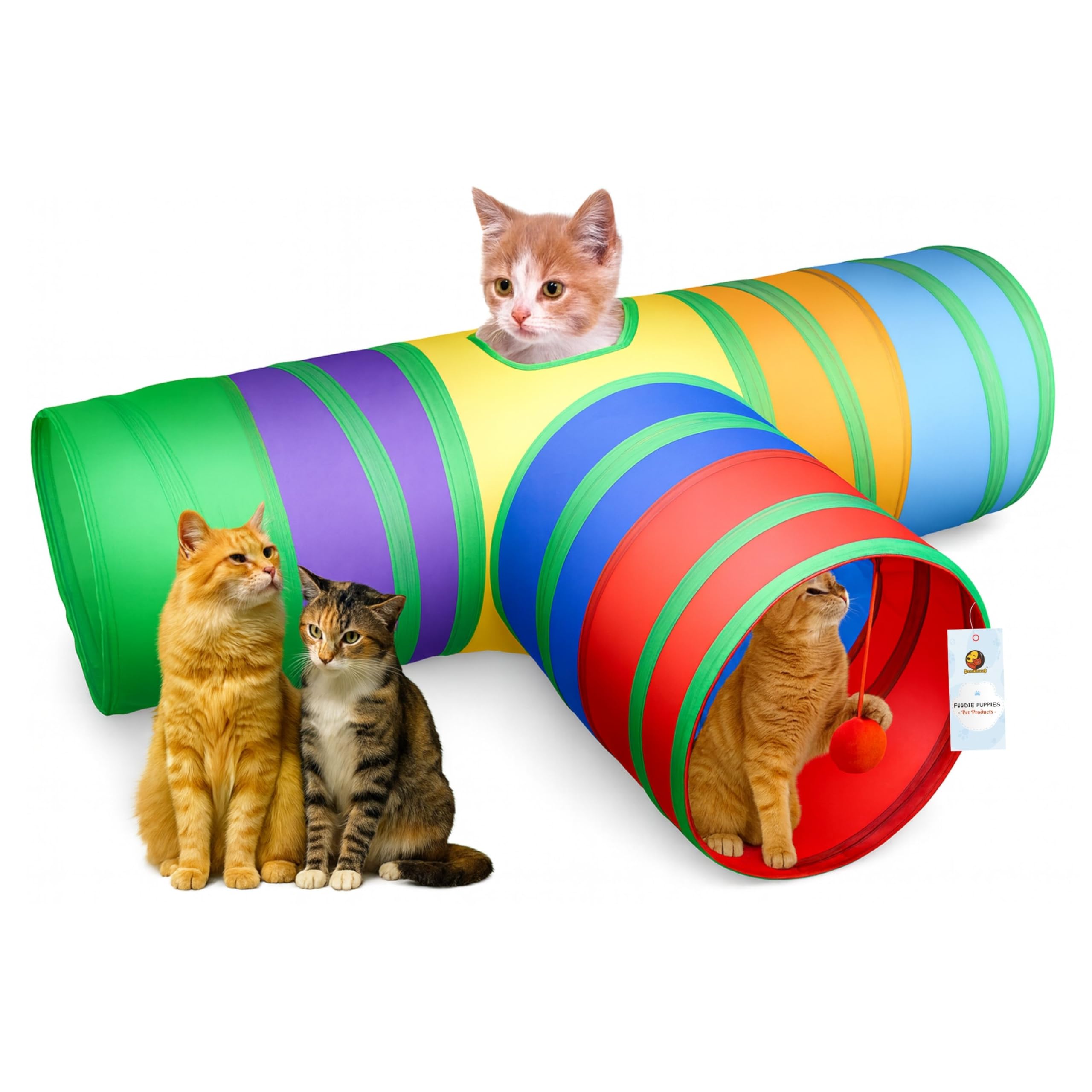 Foodie Puppies 3 Way Rainbow Cat Tunnel Toy  Foldable Interactive Pet Play Tunnel With Hanging Ball For Cats, Kittens, Rabbits,