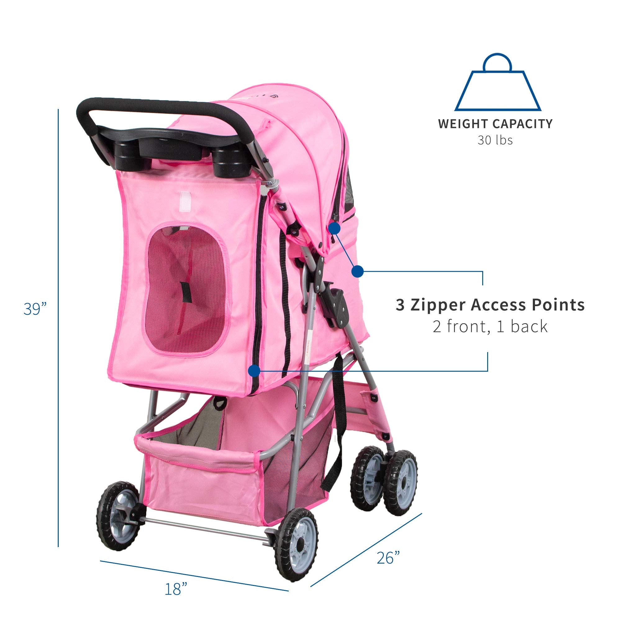 VIVO Pink 4 Wheel Pet Stroller for Cats & Dogs, Foldable Carrier, Model STROLR-V001K