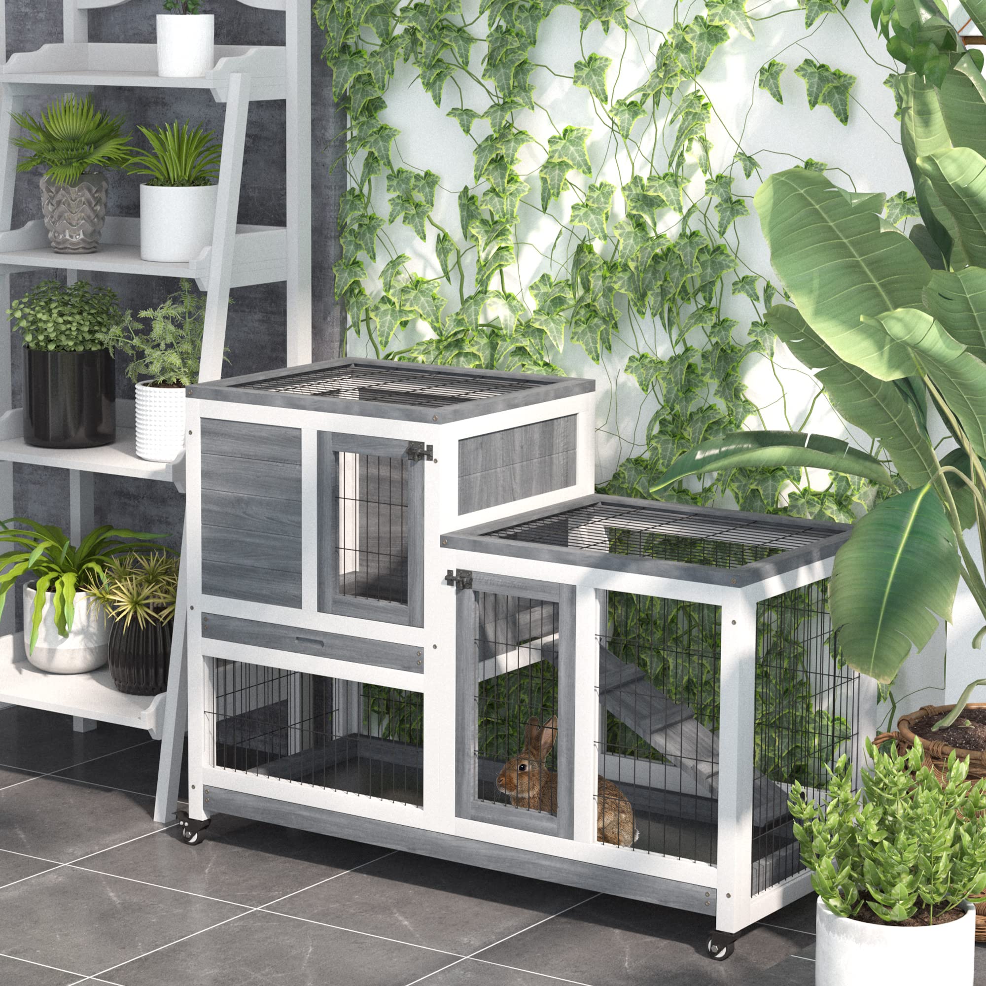 Pawhut Wooden Rabbit Hutch Elevated Bunny Cage Indoor Small Animal Habitat With Enclosed Run With Wheels, Ramp, Removable Tray I