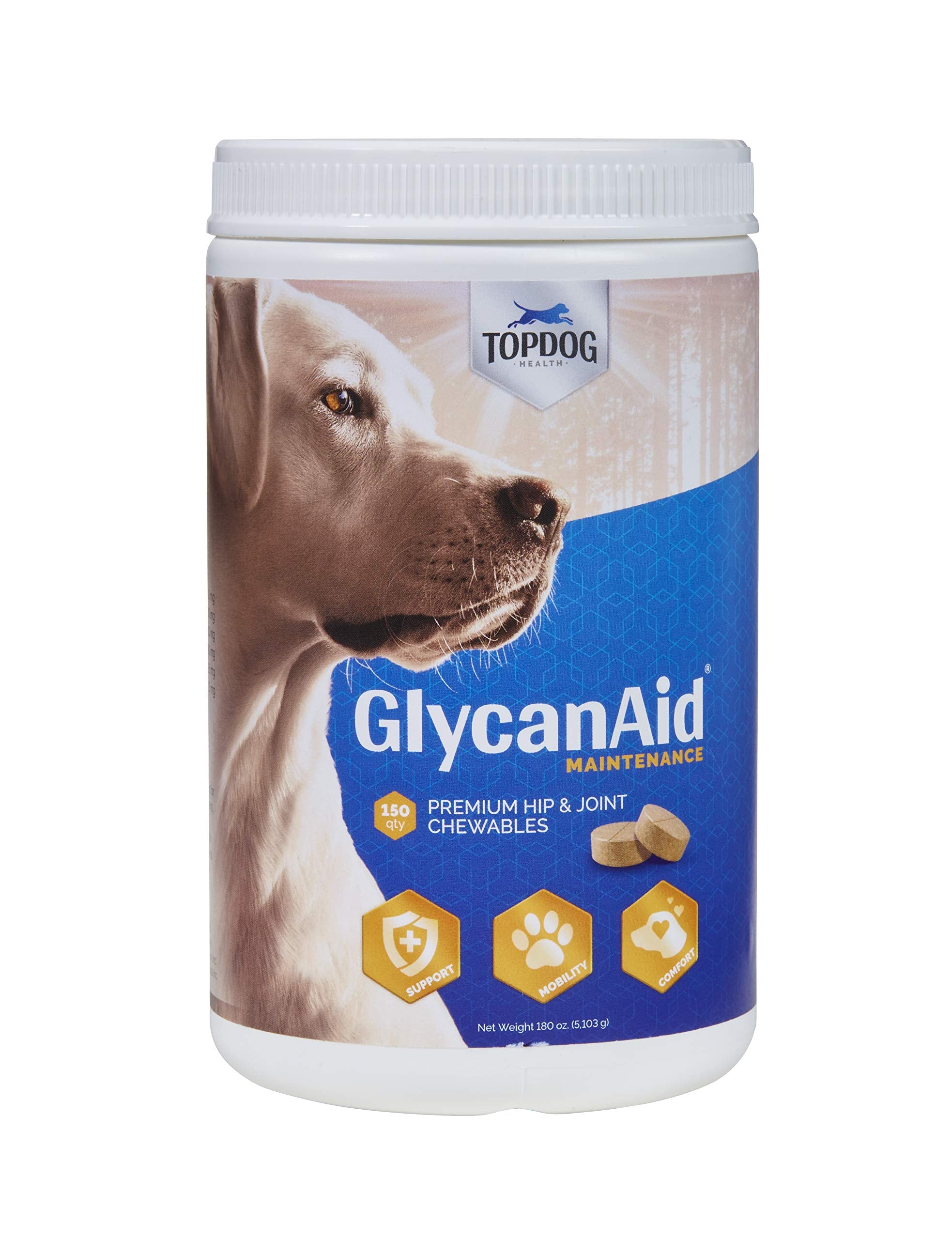 TopDog Health GlycanAid Maintenance Joint Nutrition for Dogs (150 Chewable Tablets), Made in USA-USA Ingredients: Glucosamine HC