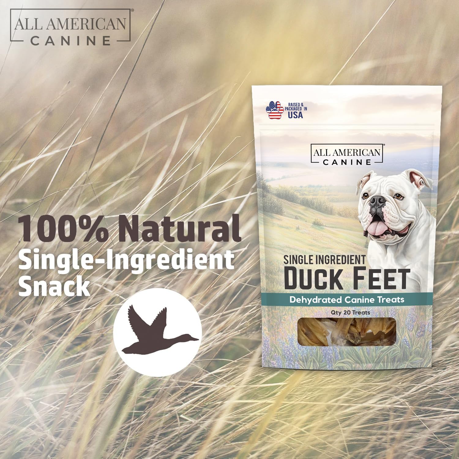 All American Canine Natural Duck Feet Dog Treats, 20 Count - Dehydrated, Low-Fat, High-Protein Chew for Joint Support & Dental Health