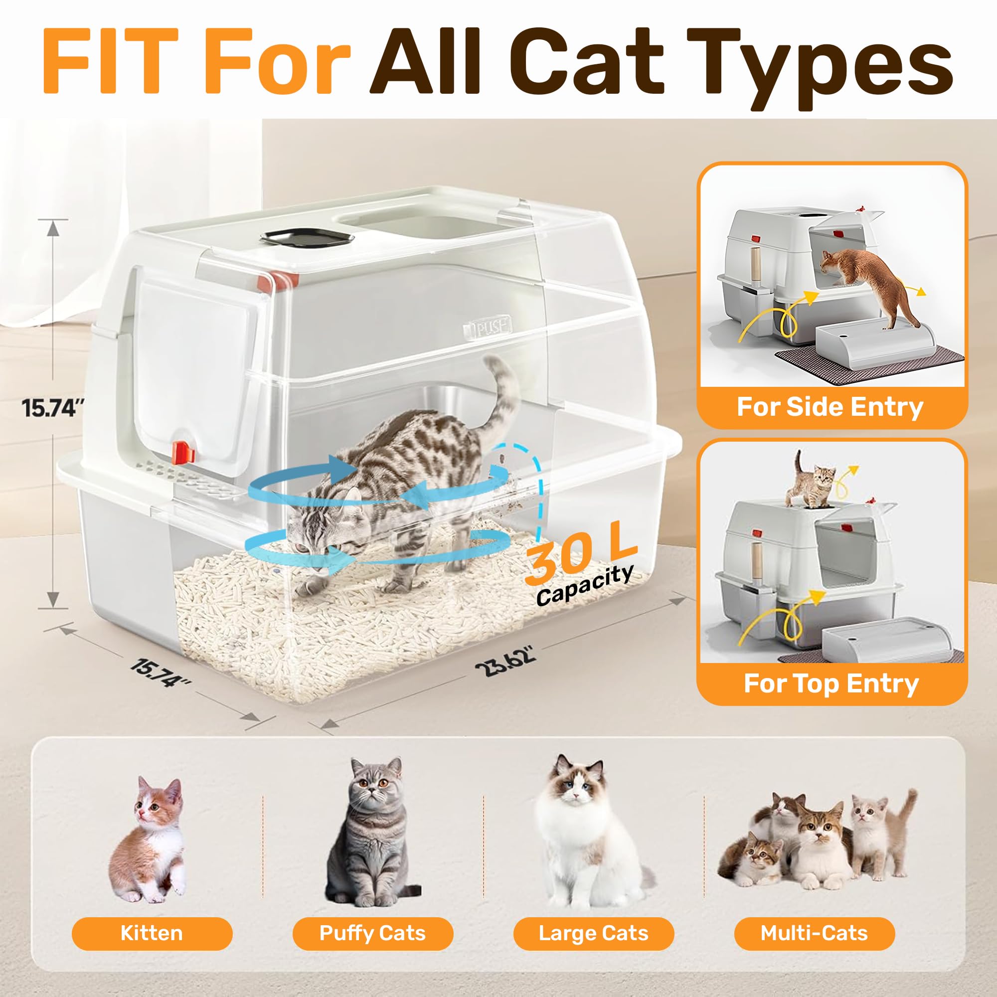 Xl Stainless Steel Cat Litter Box With Enclosure And Pooper Scooper - Durable Black Metal Litter Box For Big Cats, High Sides Fo