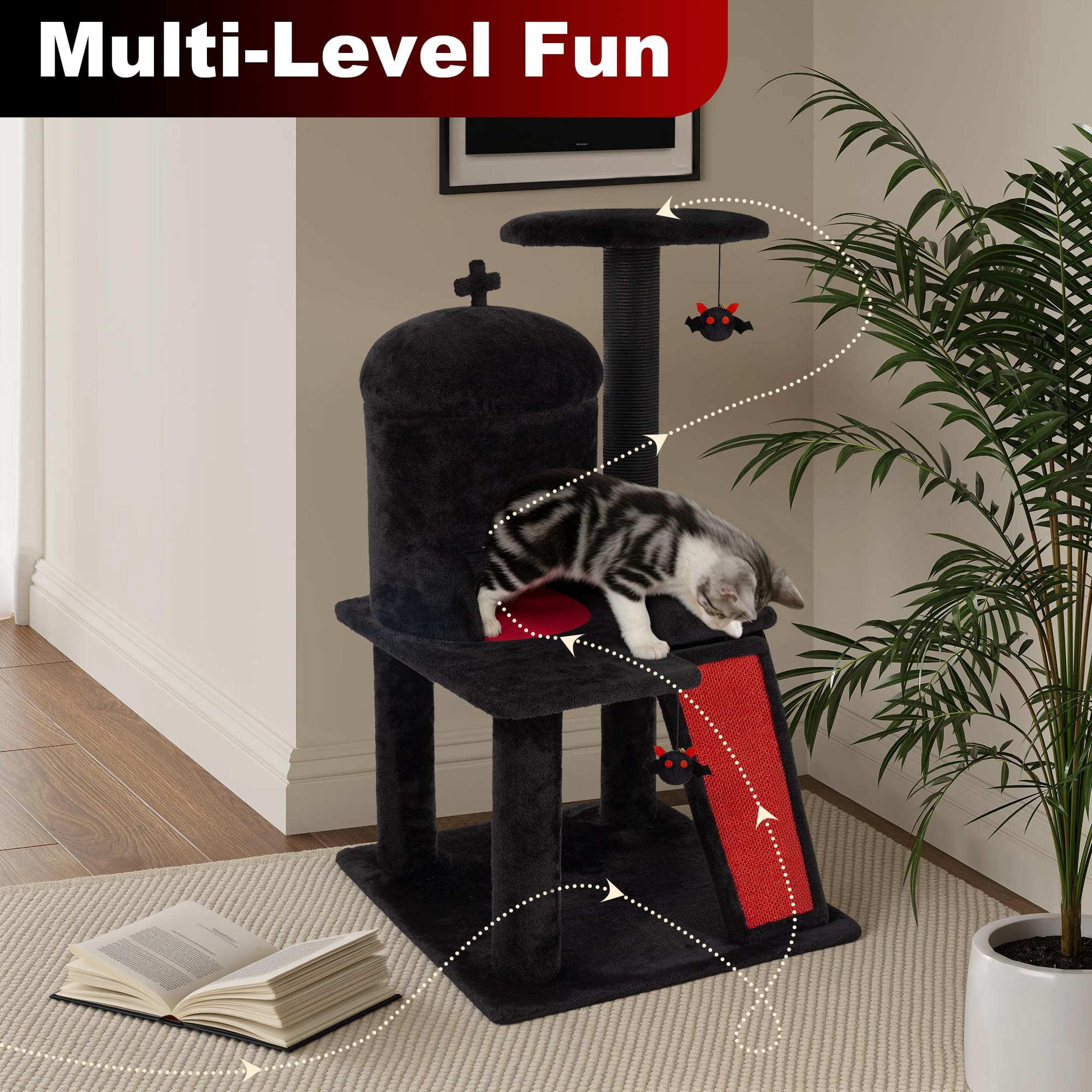 Kamaboko Gothic Cat Tree, 36.4    Black Cat Tower For Indoor Cats With Sisal Scratching Posts, Spacious Cat Condo, Self Groomer,