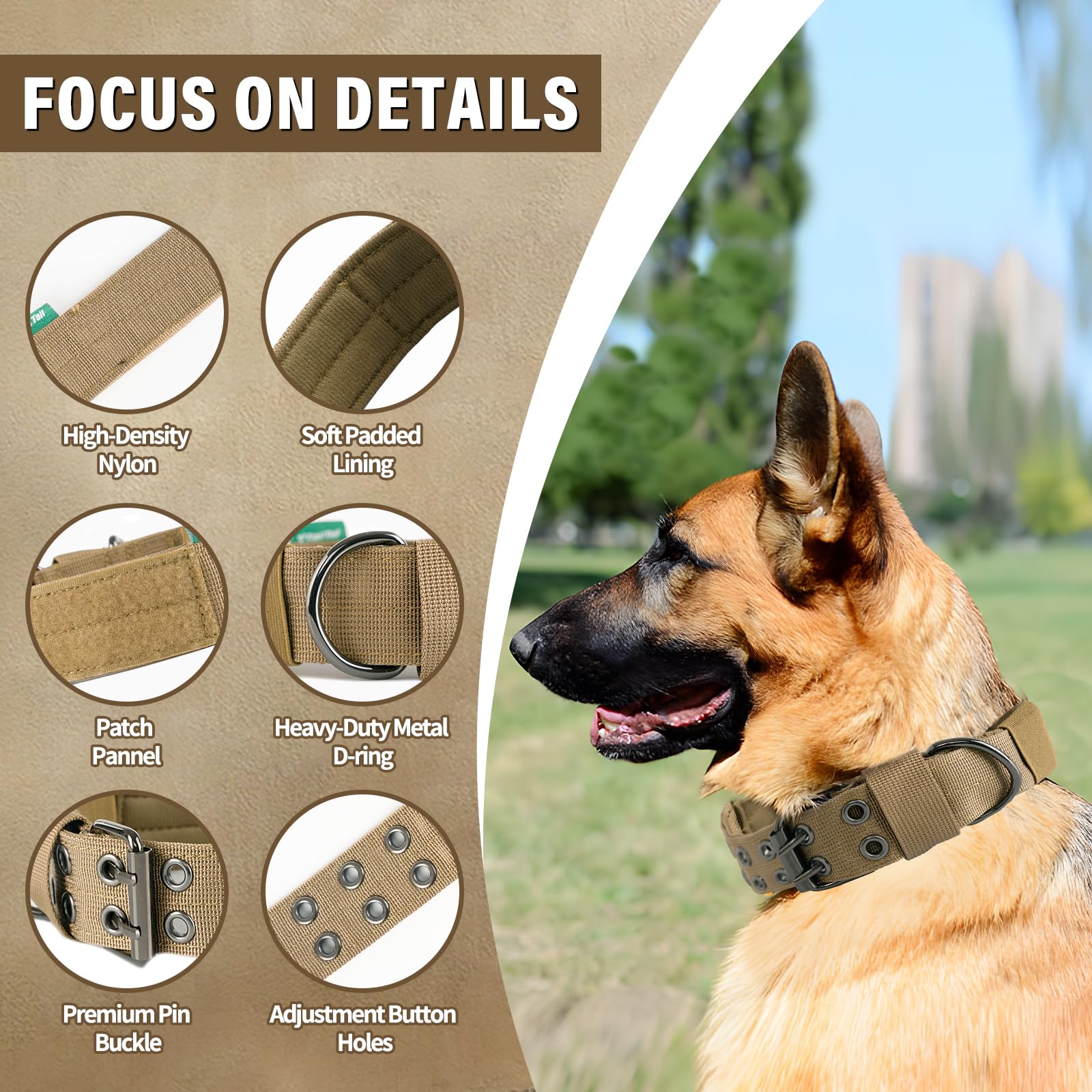 Heavy Duty Dog Collar, Tactical Green Paracord Collar With Survival Bracelet, Metal Buckle And Patches, Fits German Shepherd, Pi
