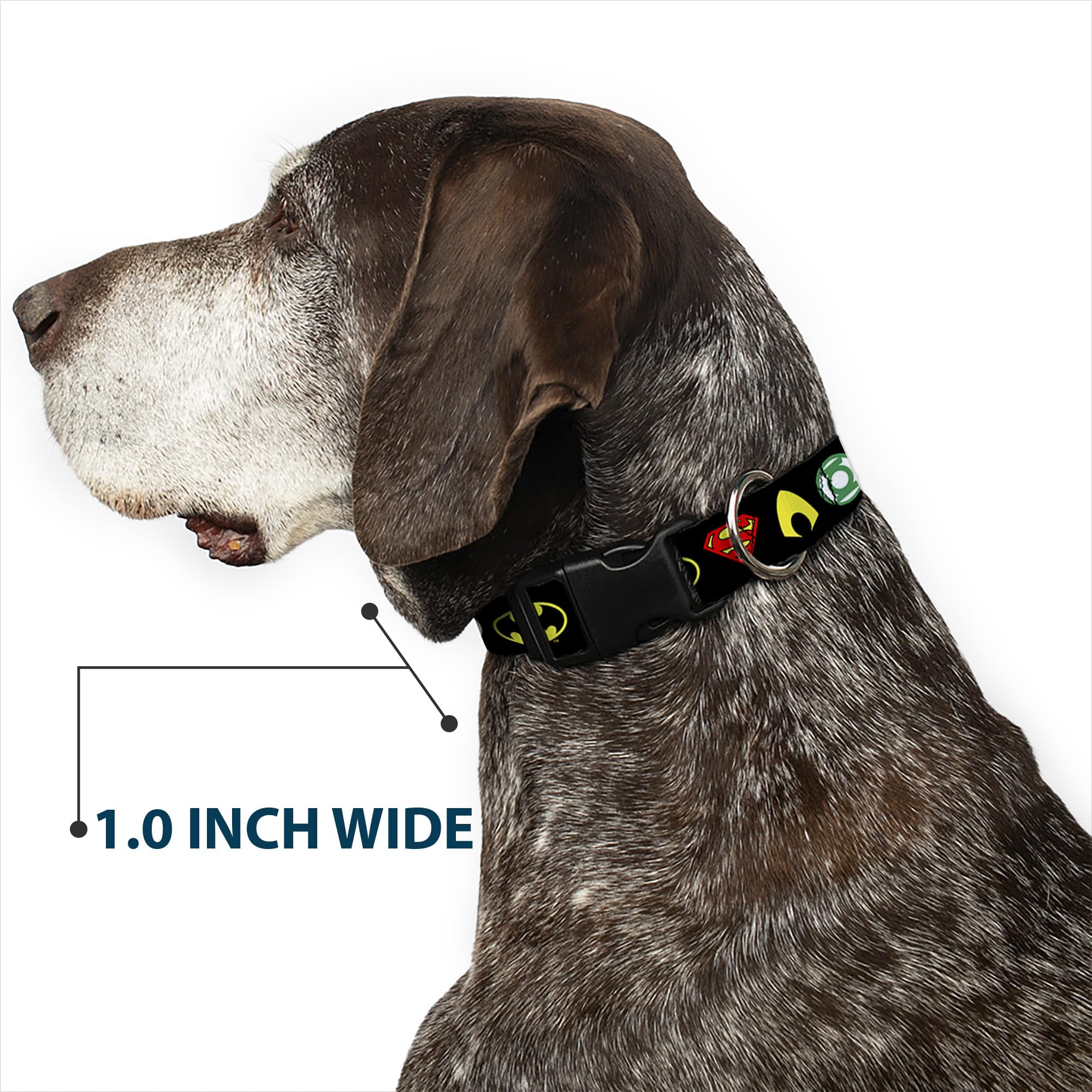 Dog Collar Plastic Clip Justice League 6 Superhero Logos Black 13 to 18 Inches 1.5 Inch Wide