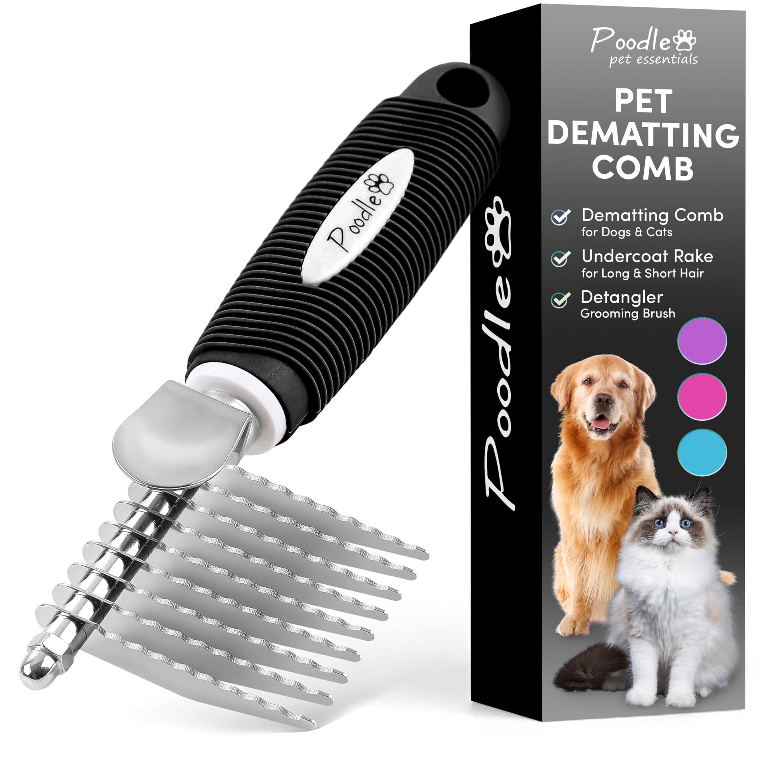 Poodle Dematting Fur Rake Comb Brush For Dogs And Cats - Long 2.5' Steel Safety Blades Metal Comb For Detangling Matted Or Knotted Undercoat Hair