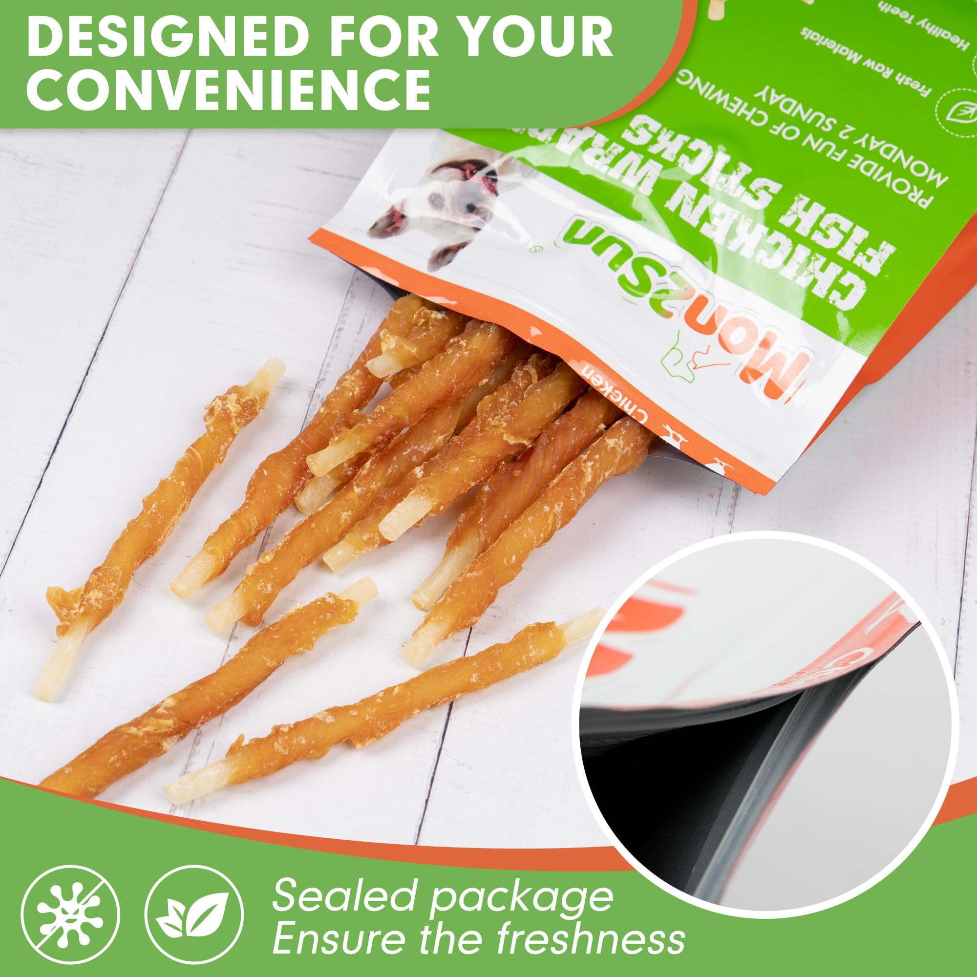 MON2SUN Rawhide Free Dog Treats Chicken Wrapped Cod Sticks for Small Dogs Healthy Training Treats Soft Snacks (8.82 Ounce -Pack