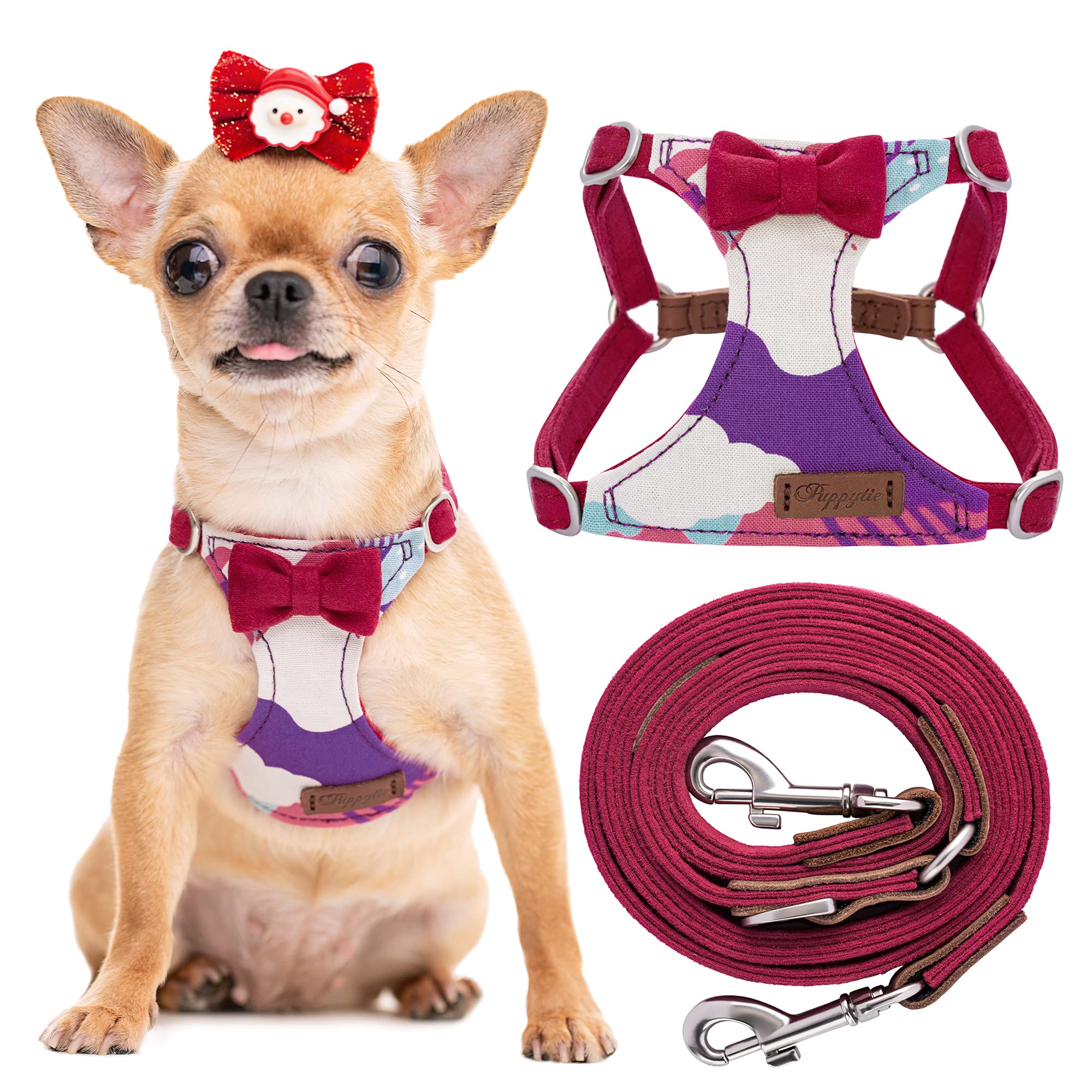 Puppytie No Pull Xs Dog Harness With Multifunction Dog Leash,Soft Adjustable No Choke Escape Proof Pet Harness Vest,Suede Bow Wi